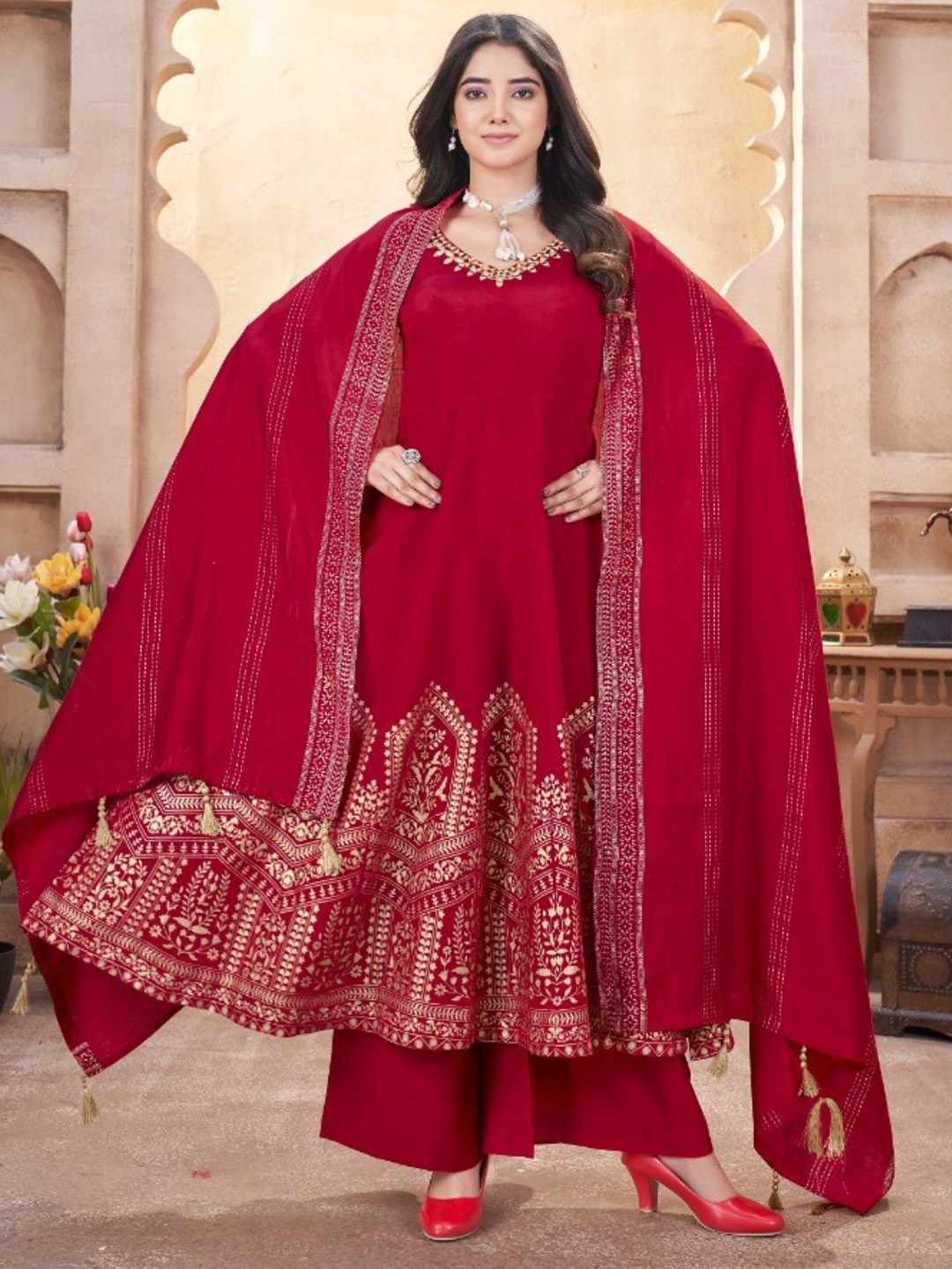 

ODETTE Ethnic Motifs Embroidered Panelled Anarkali Kurta with Palazzos & Dupatta, Pink