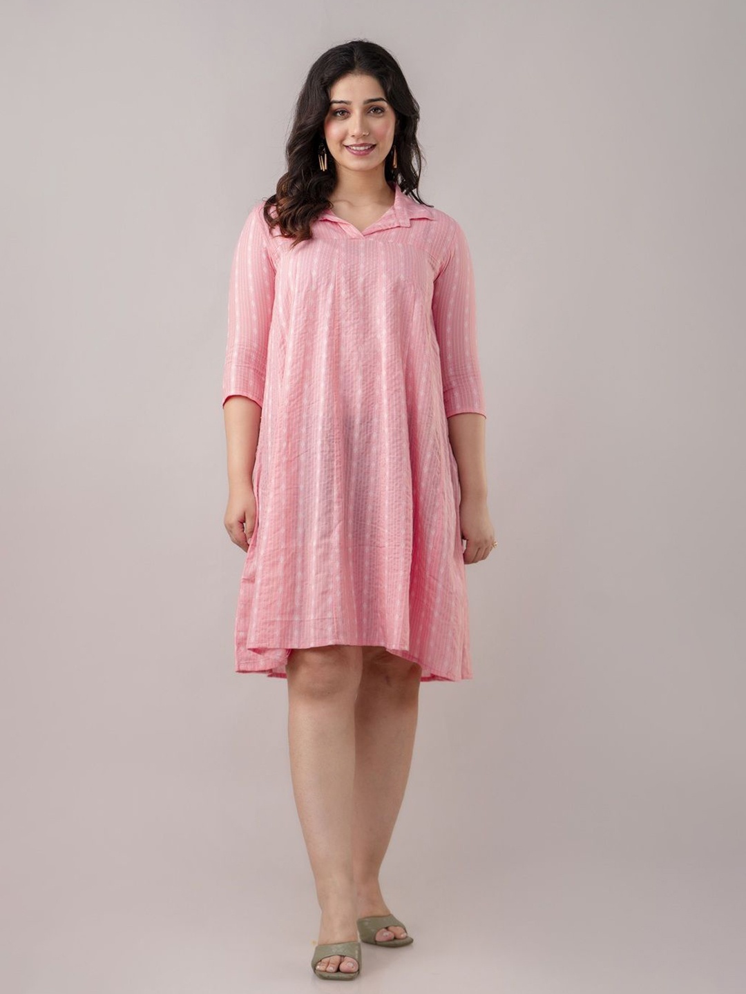 

Demirner Self Design Cotton A-Line Dress, Peach