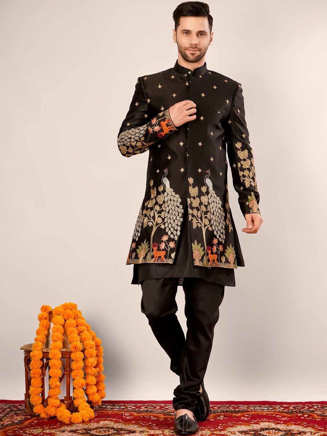 

Wintage Woven Design Single-Breasted Banarasi Cotton Bandhgala Blazers, Black