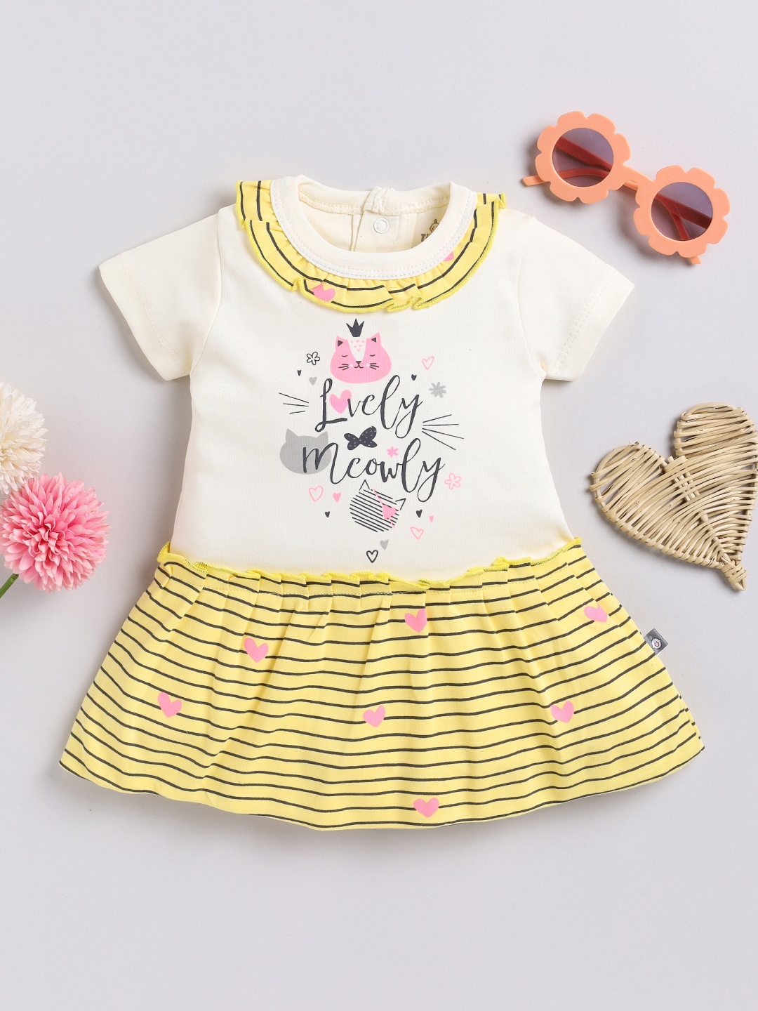 

YK X Tinyo Infant Girls Typography Printed Ruffled Cotton Drop-Waist Dress, Yellow