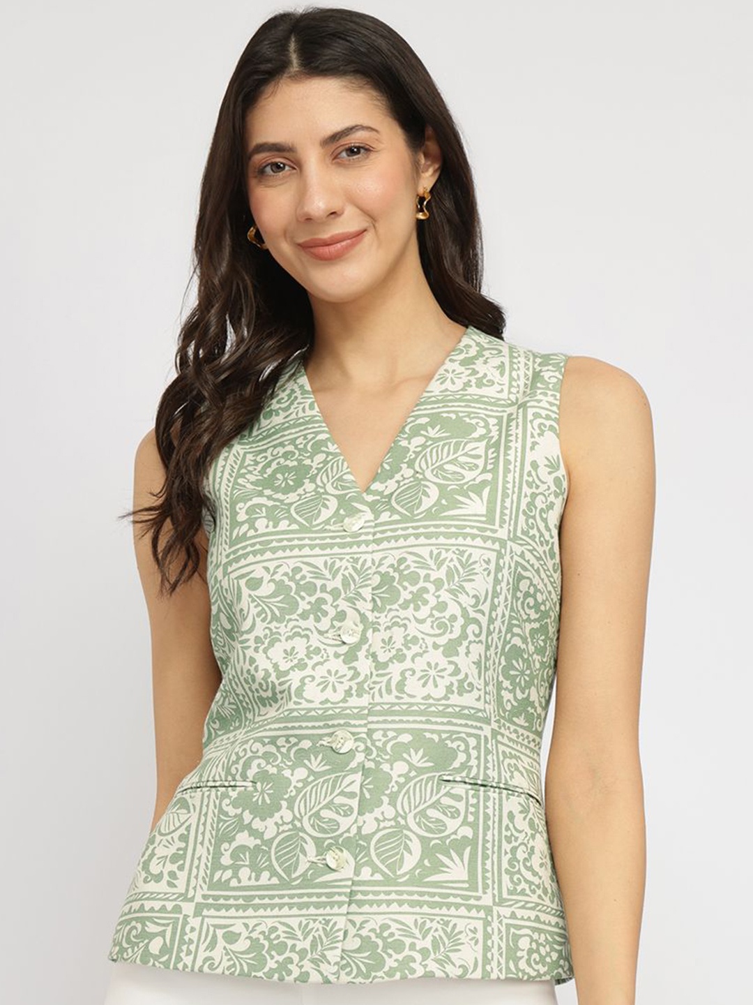 

FableStreet Women Linen Blend Floral Waistcoat, White