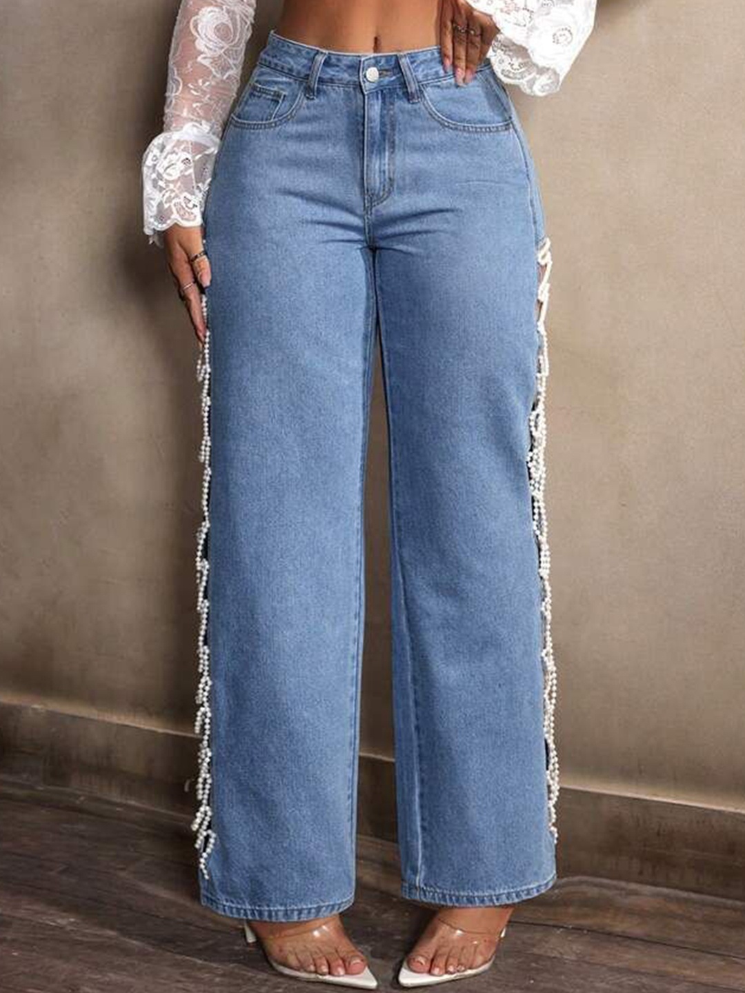 

Wear Your Words Women High-Rise Alice - Pearl Embellished Slit Jeans, Blue