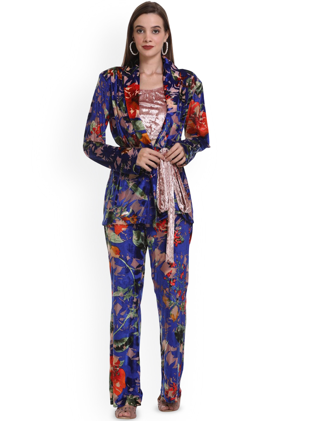 

BeriBlu Floral Printed V-Neck Pure Cotton Coat And Trouser, Navy blue