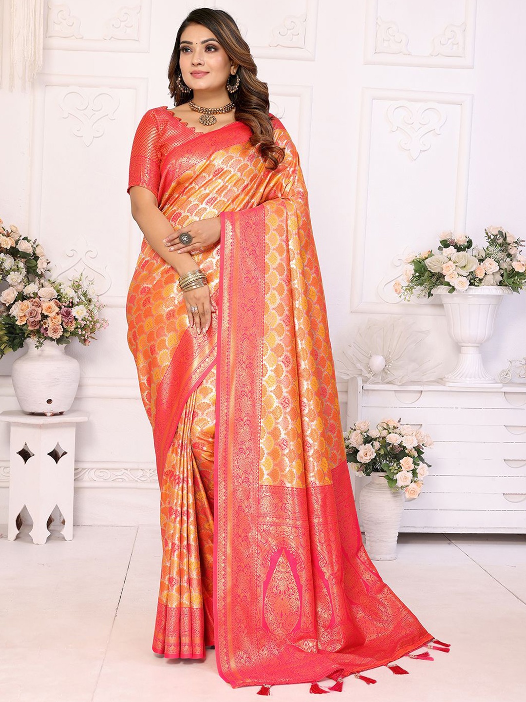 

LeeliPeeri Designer Woven Design Zari Silk Blend Banarasi Saree, Orange