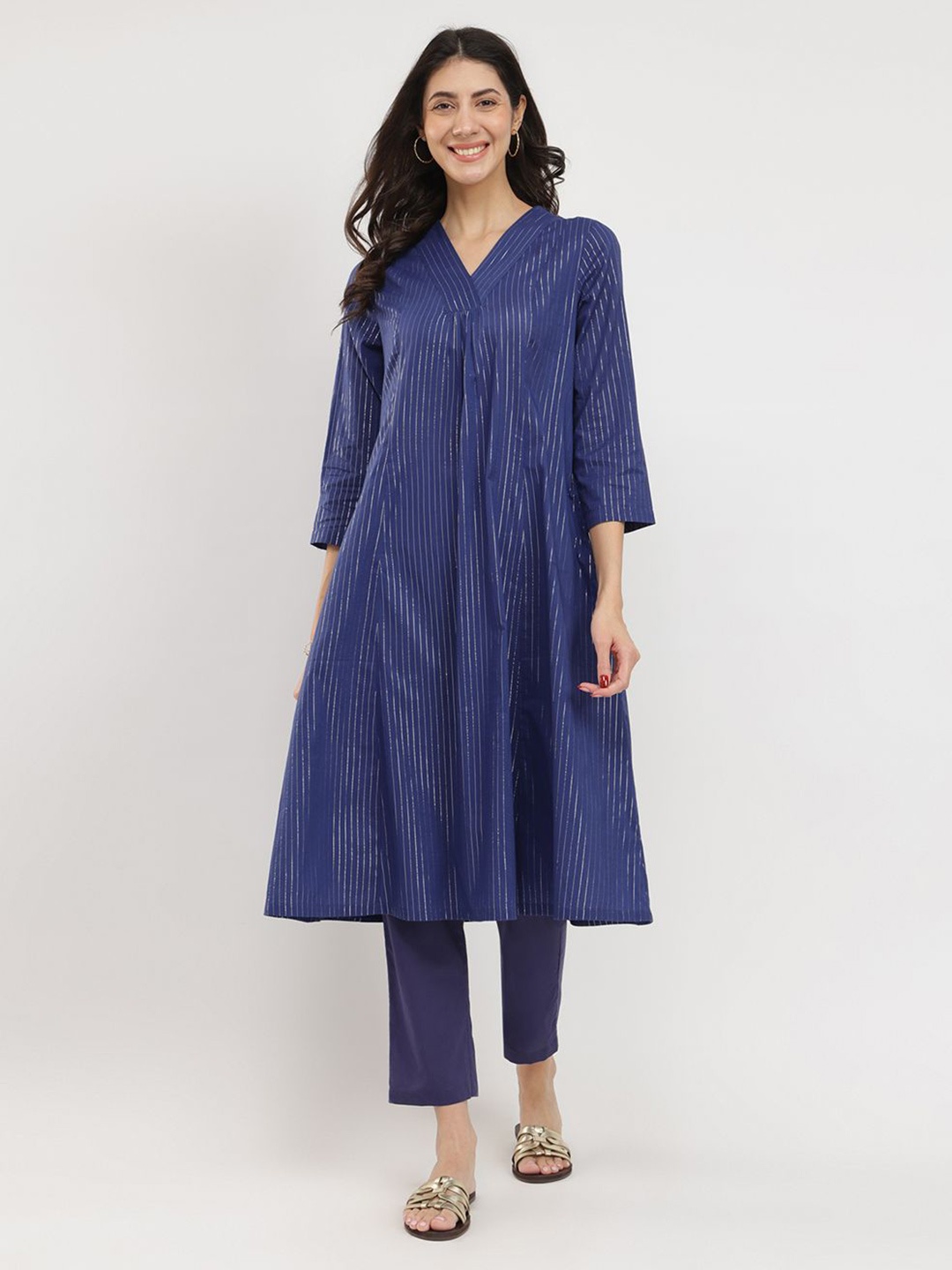 

Pink Fort Women Striped Pleated A-Line Kurta with Trouser, Blue