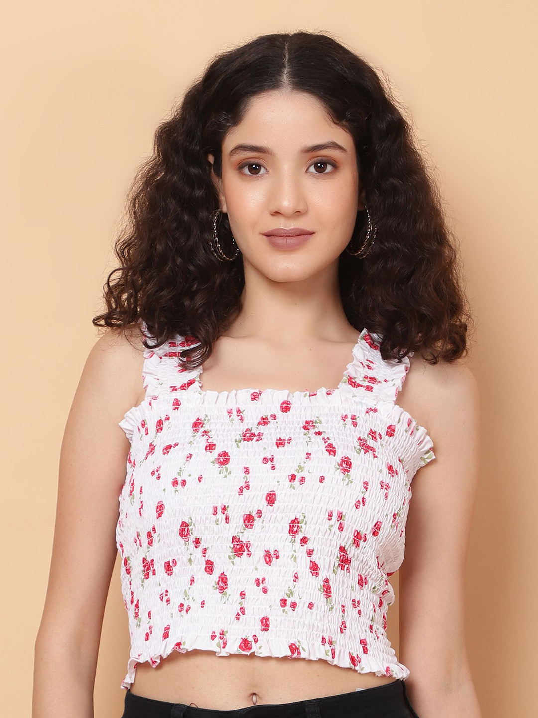 

ROSEMELON Women Floral Printed Square Neck Fitted Top, White