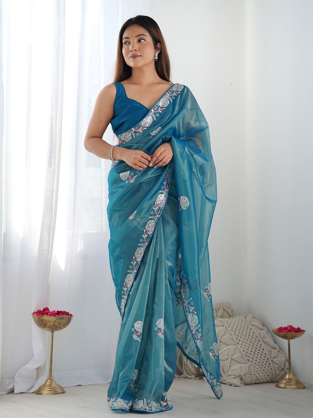 

ODETTE Blue Net Sequins Embroidered Saree With Unstitched Blouse For Women