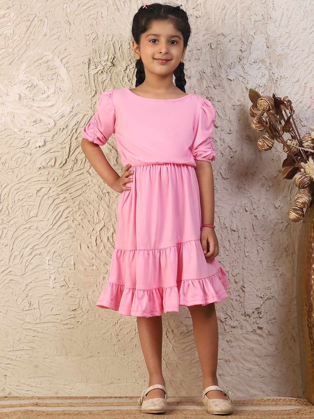 

MINI & MING Girls Cotton Round Neck Blouson Dress, Pink