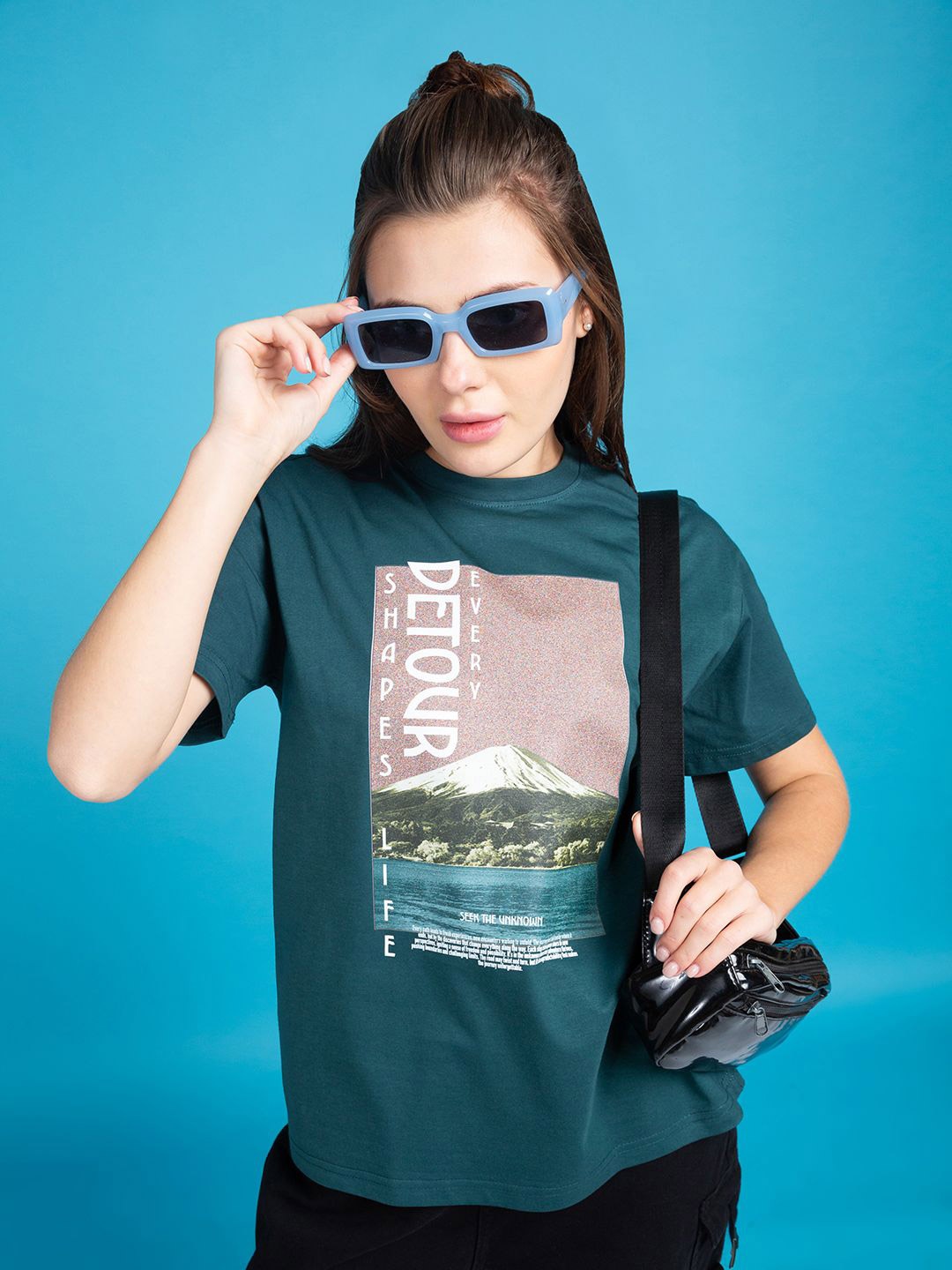 

The Roadster Lifestyle Co. Women Graphic Printed Round Neck Cotton Oversized T-shirt, Teal