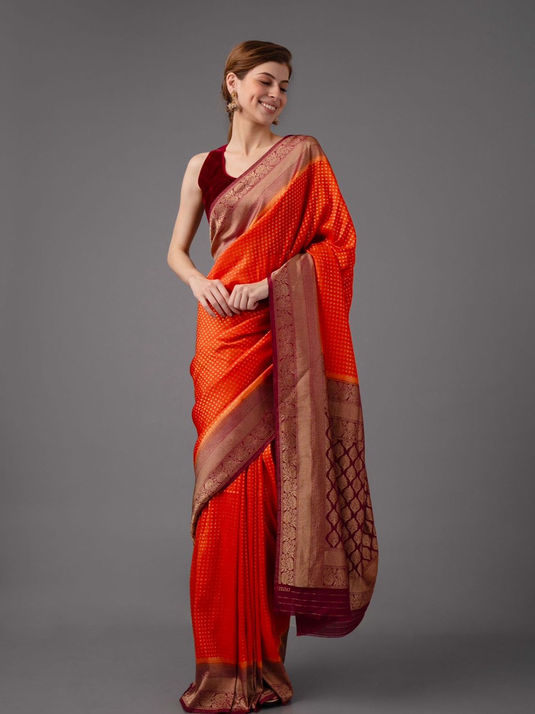 

SANJAR CREATION Ethnic Motifs Zari Poly Georgette Banarasi Saree, Orange