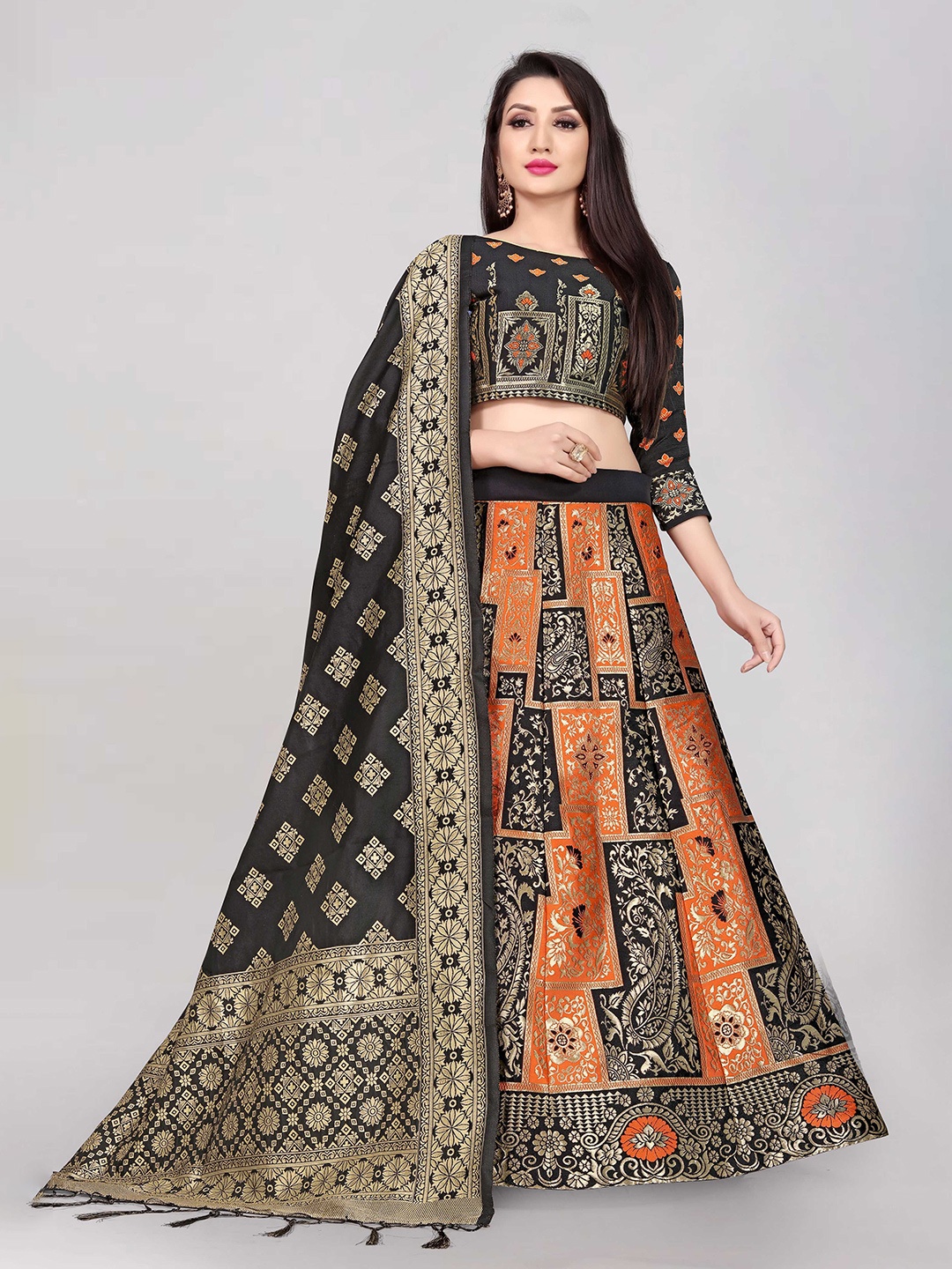 

DIVASTRI Floral Woven Design Jacquard Semi-Stitched Lehenga & Unstitched Blouse & Dupatta, Orange