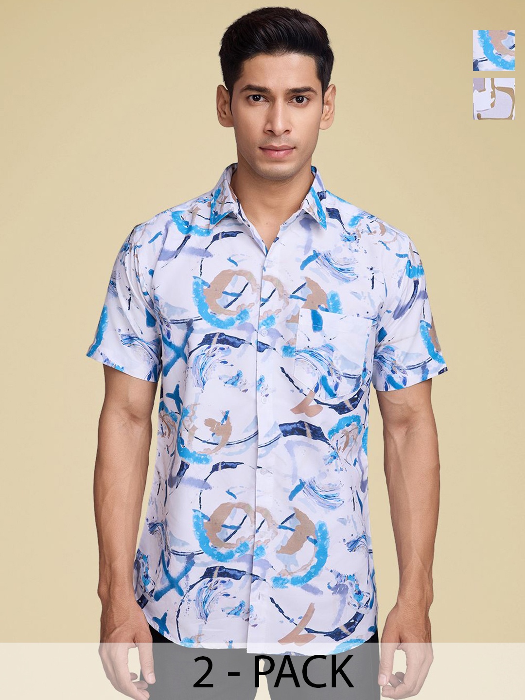

Moda Rapido Men Pack Of 2 Standard Fit Spread Collar Abstract Printed Cotton Casual Shirts, Blue