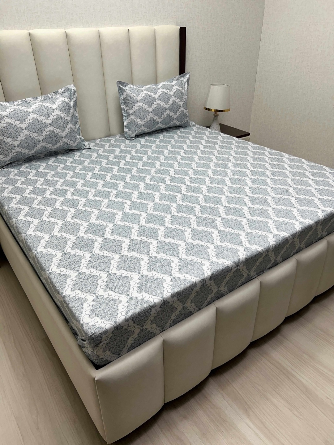 

Pure Decor Grey Motifs Printed Pure Cotton 400 TC Queen Bedsheet Set 2.28 m x 2.54 m