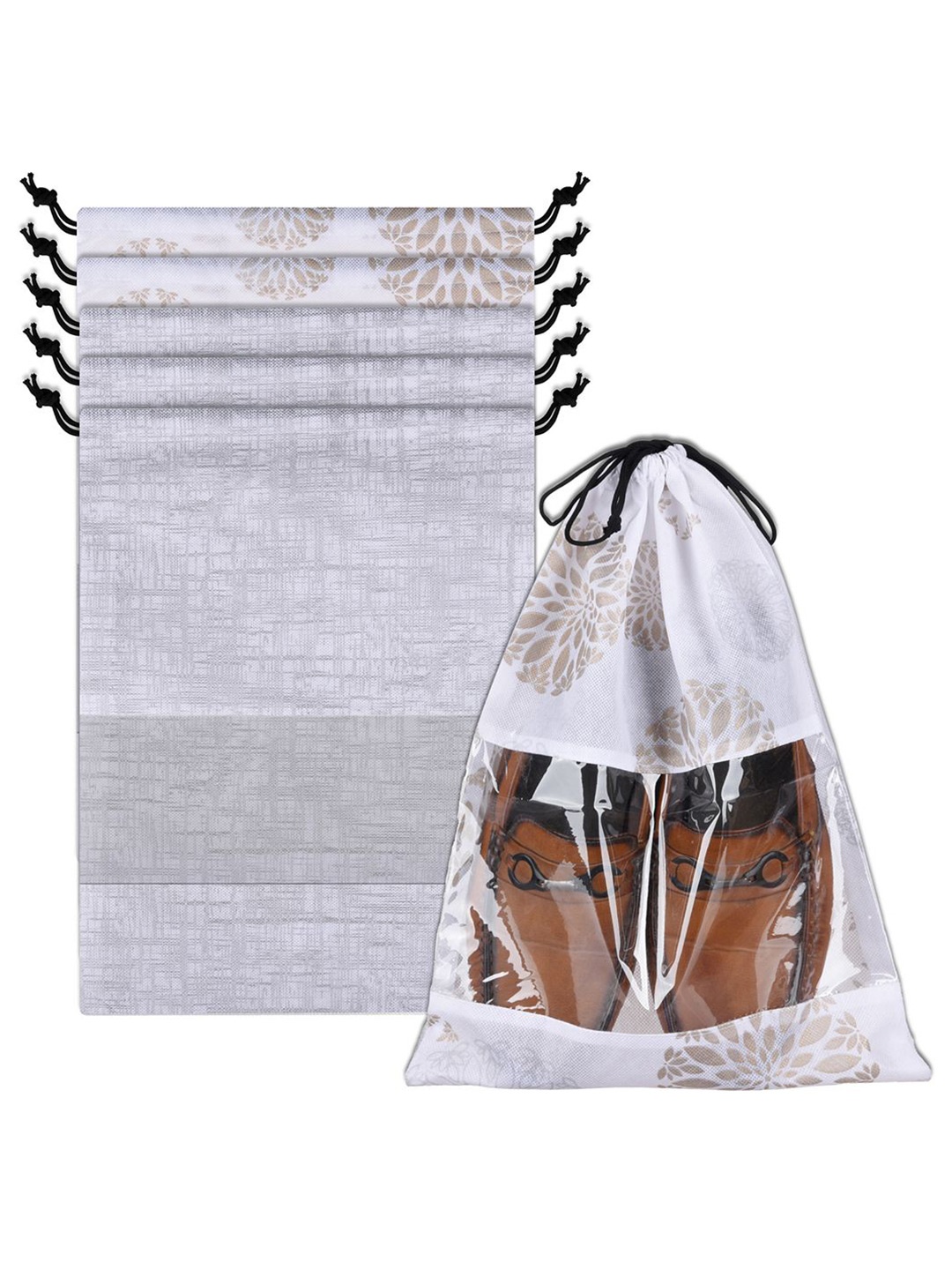 

Kuber Industries White and Black 6 Pieces Floral Printed Shoe Cover Bags