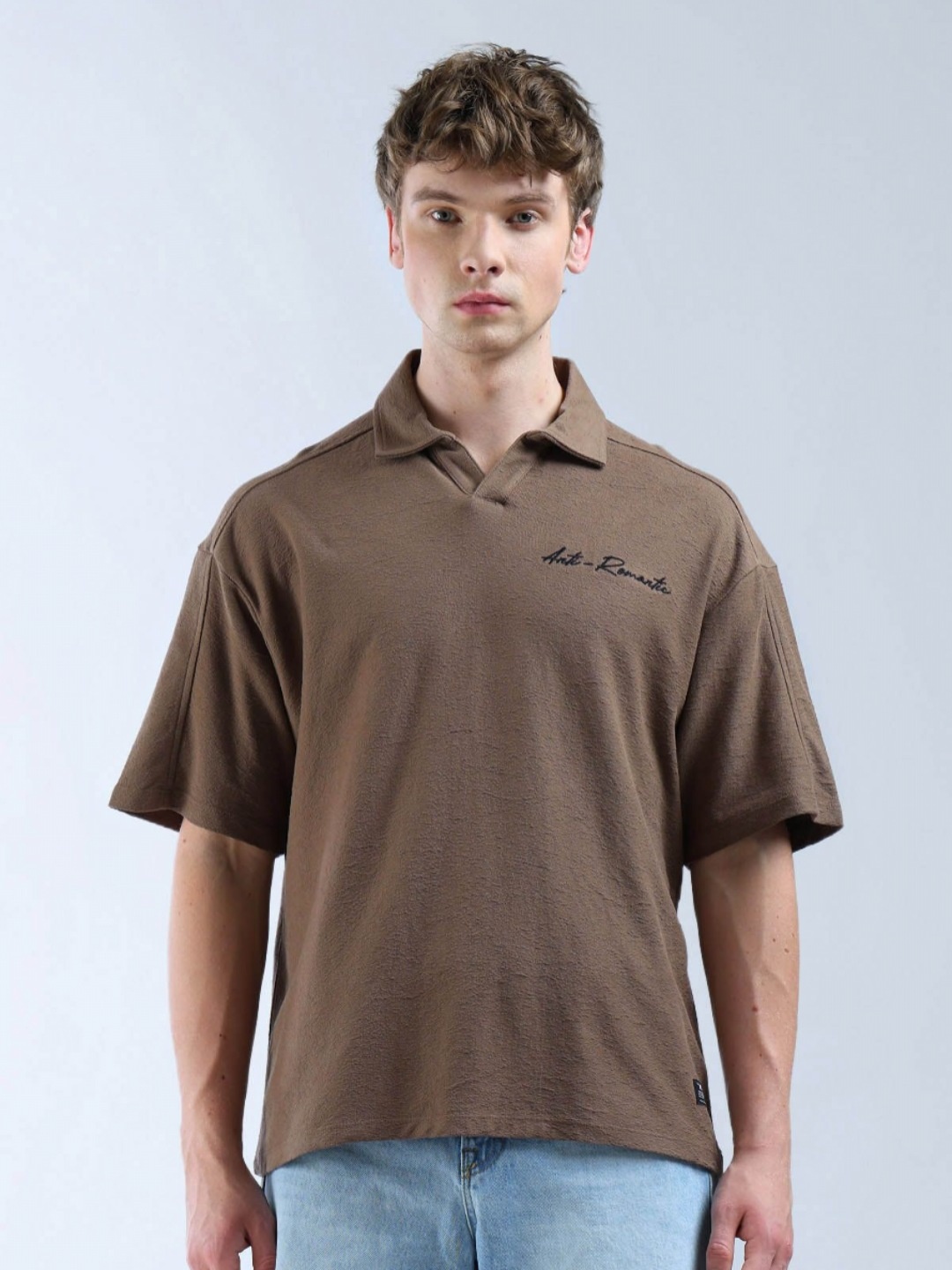 

Flying Machine Men Solid Polo Collar Cotton Oversized T-shirt, Brown