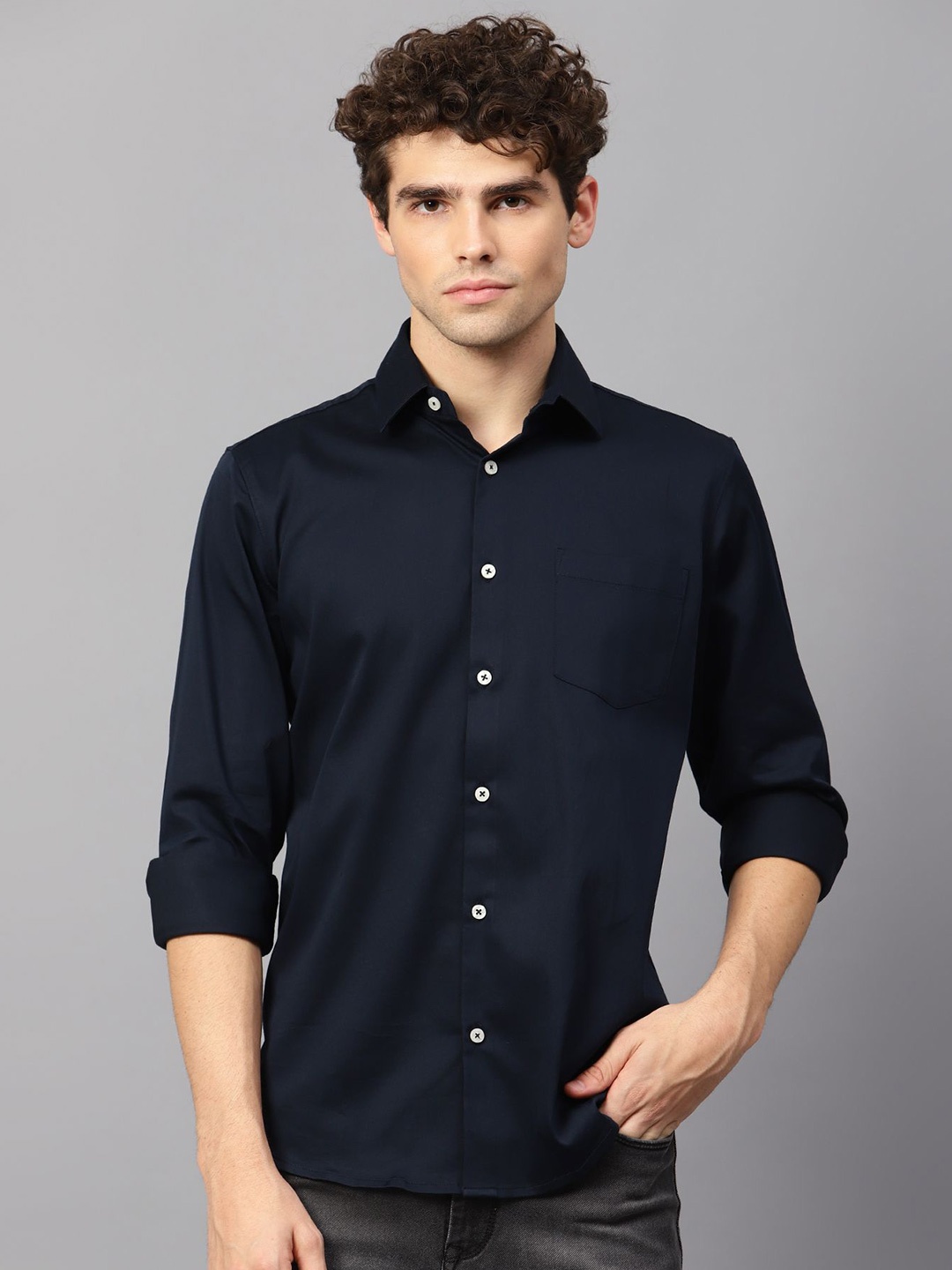 

AMSWAN Men Spread Collar Solid Cotton Casual Shirt, Navy blue
