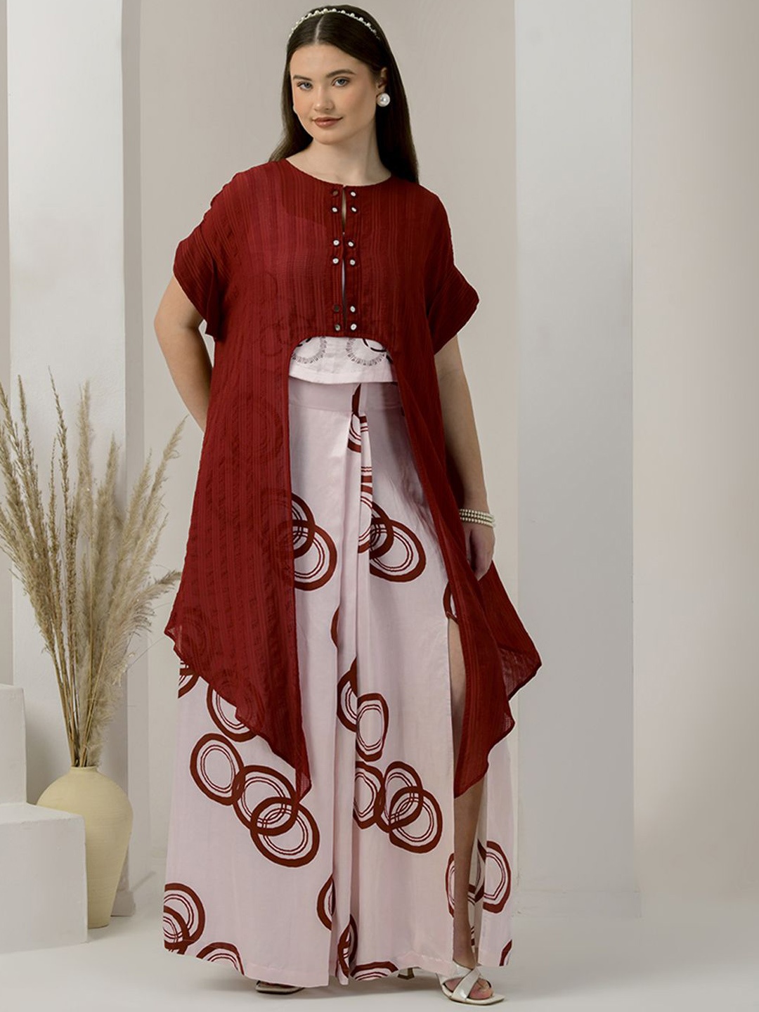 

First Resort by Ramola Bachchan Printed Round Neck Linen Cover-Up & Crop Top With Skirt, Pink