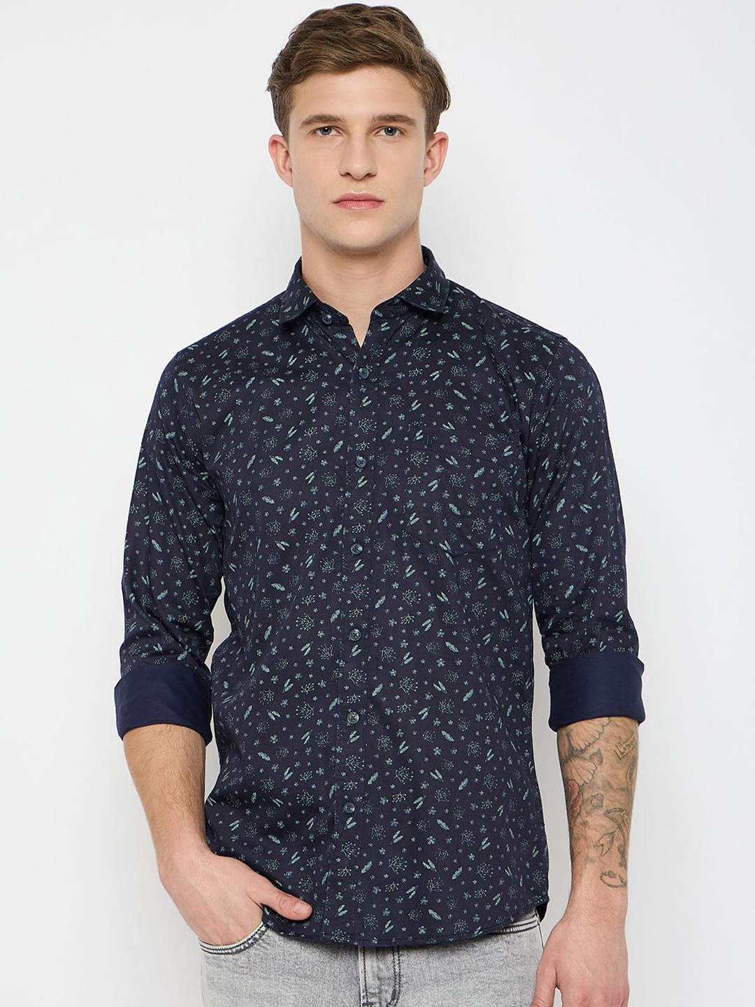 

Duke Men Slim Fit Spread Collar Floral Printed Cotton Casual Shirt, Navy blue