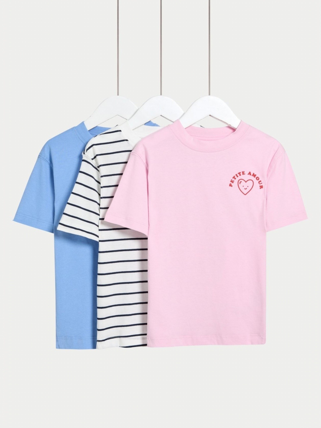 

Marks & Spencer Unisex Kids Pack Of 3 Striped Round Neck Cotton T-shirts, Blue