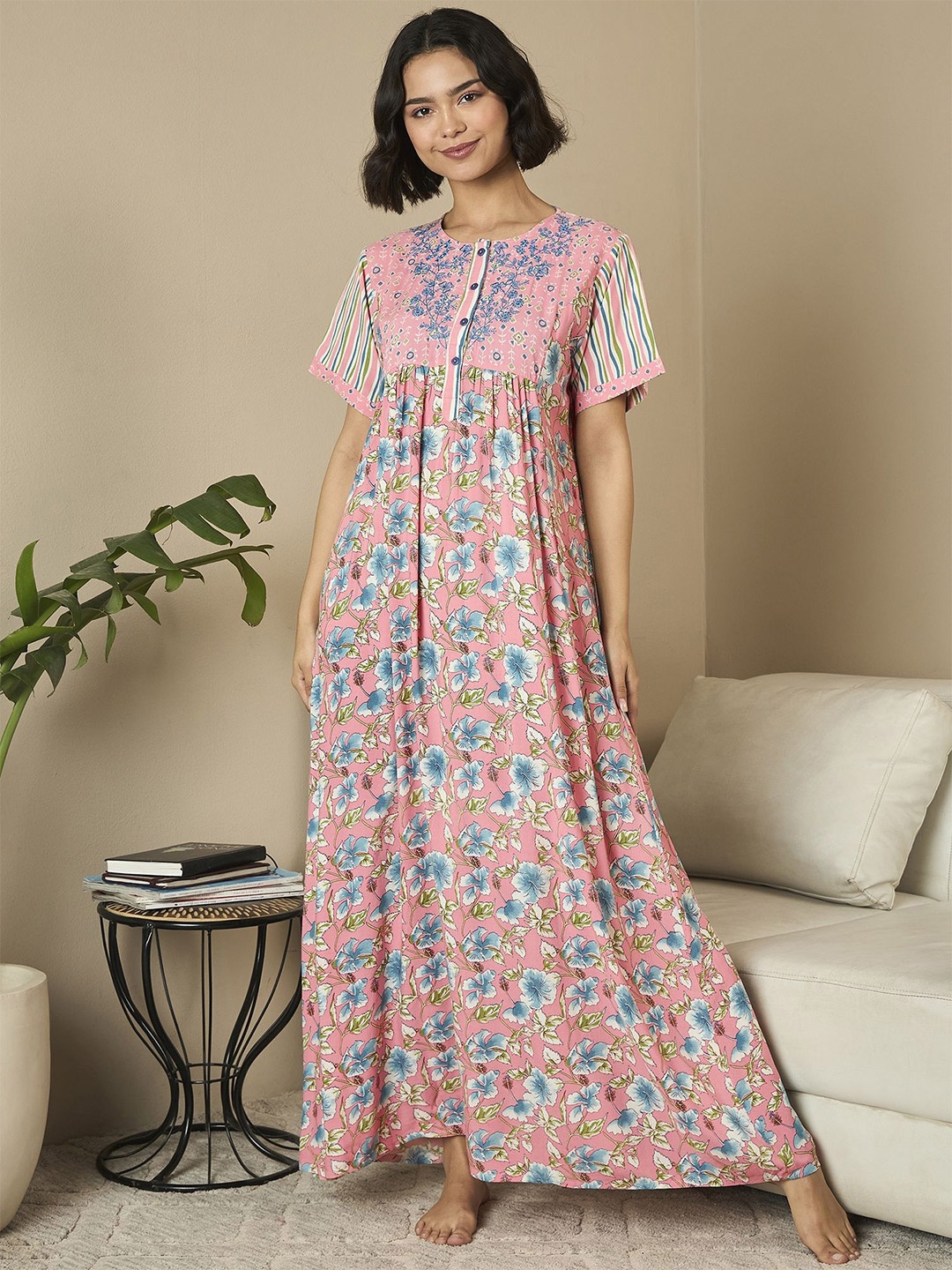 

July Printed Maxi Nightdress, Coral