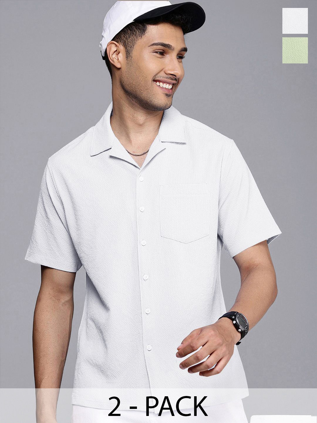 

Moda Rapido Men Pack Of 2 Standard Fit Cuban Collar Textured Casual Shirts, Multi