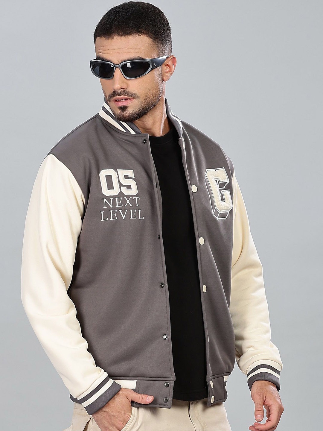 

COLOR HUNT Men Typography Varsity Jacket with Embroidered, Grey