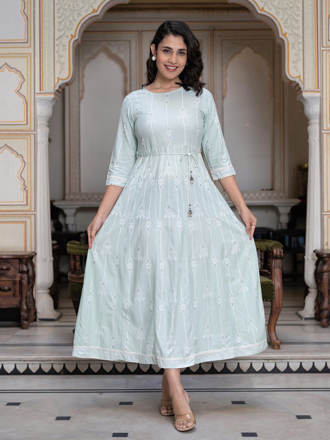 

Juniper Women Ethnic Motifs Printed Fit and Flare Dress, Green