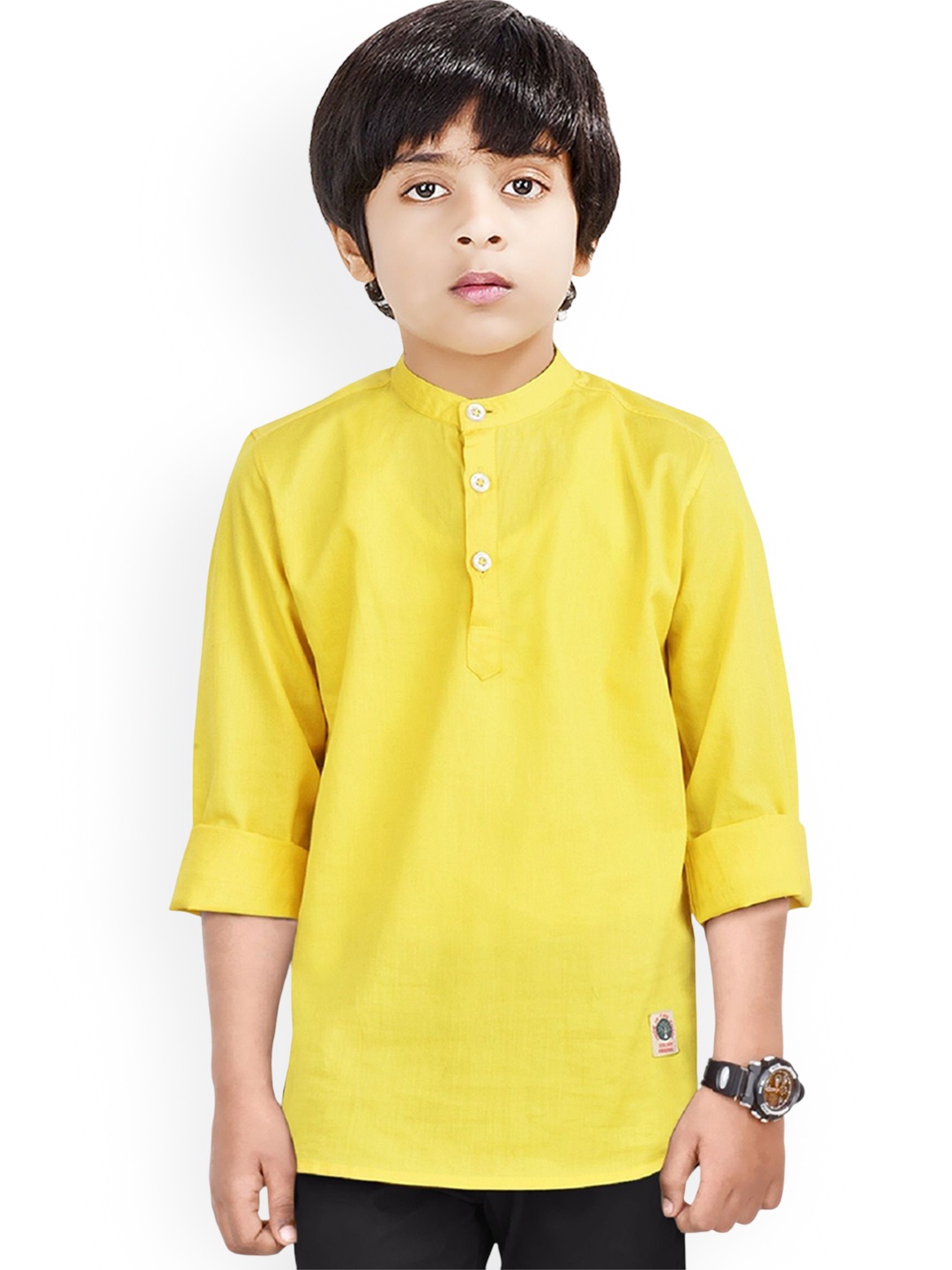 

MADE IN THE SHADE Boys Band Collar Pure Cotton Kurta, Yellow