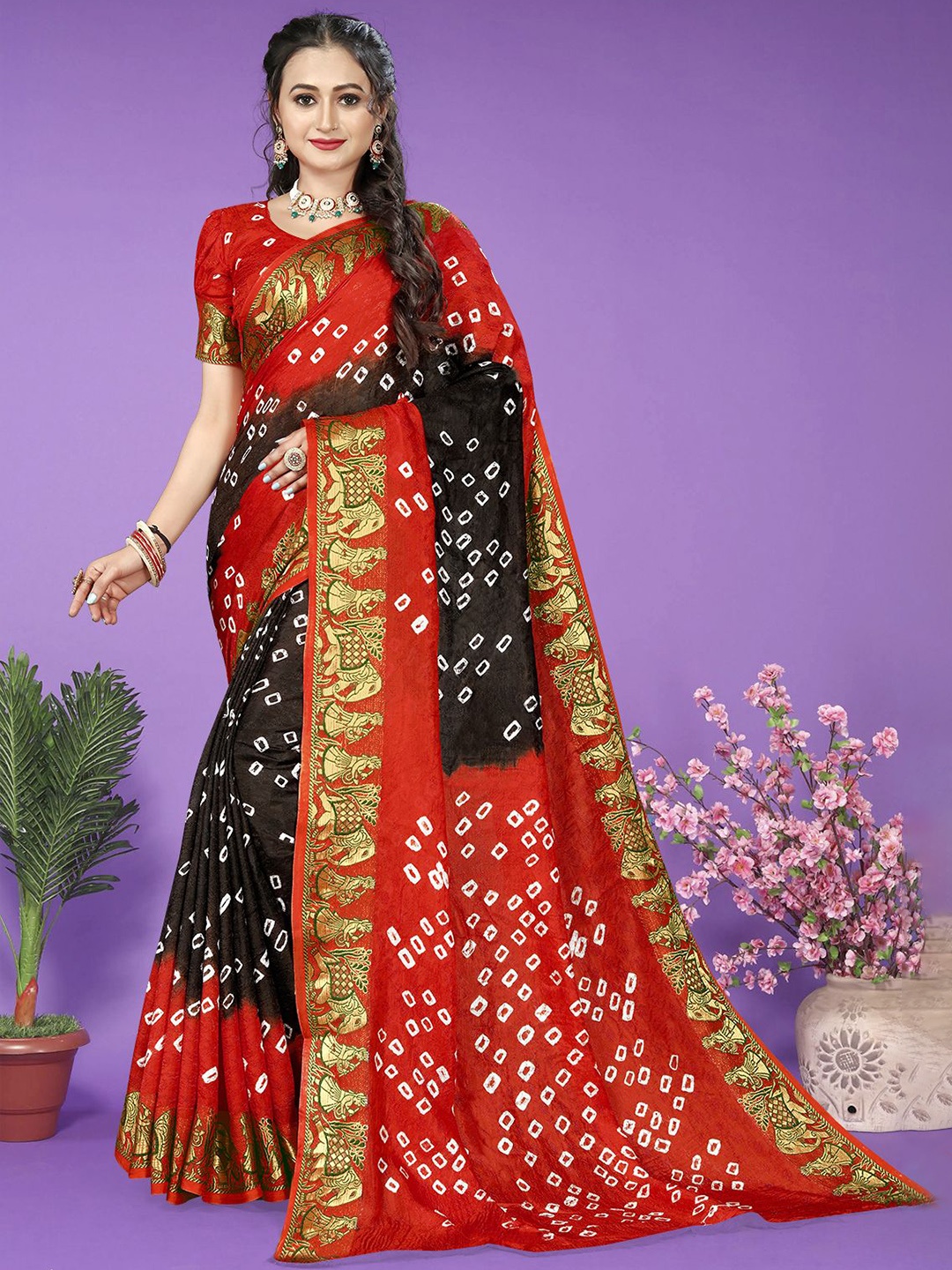 

Bandhanivilla Women Bandhani Art Silk Bandhani Saree, Black