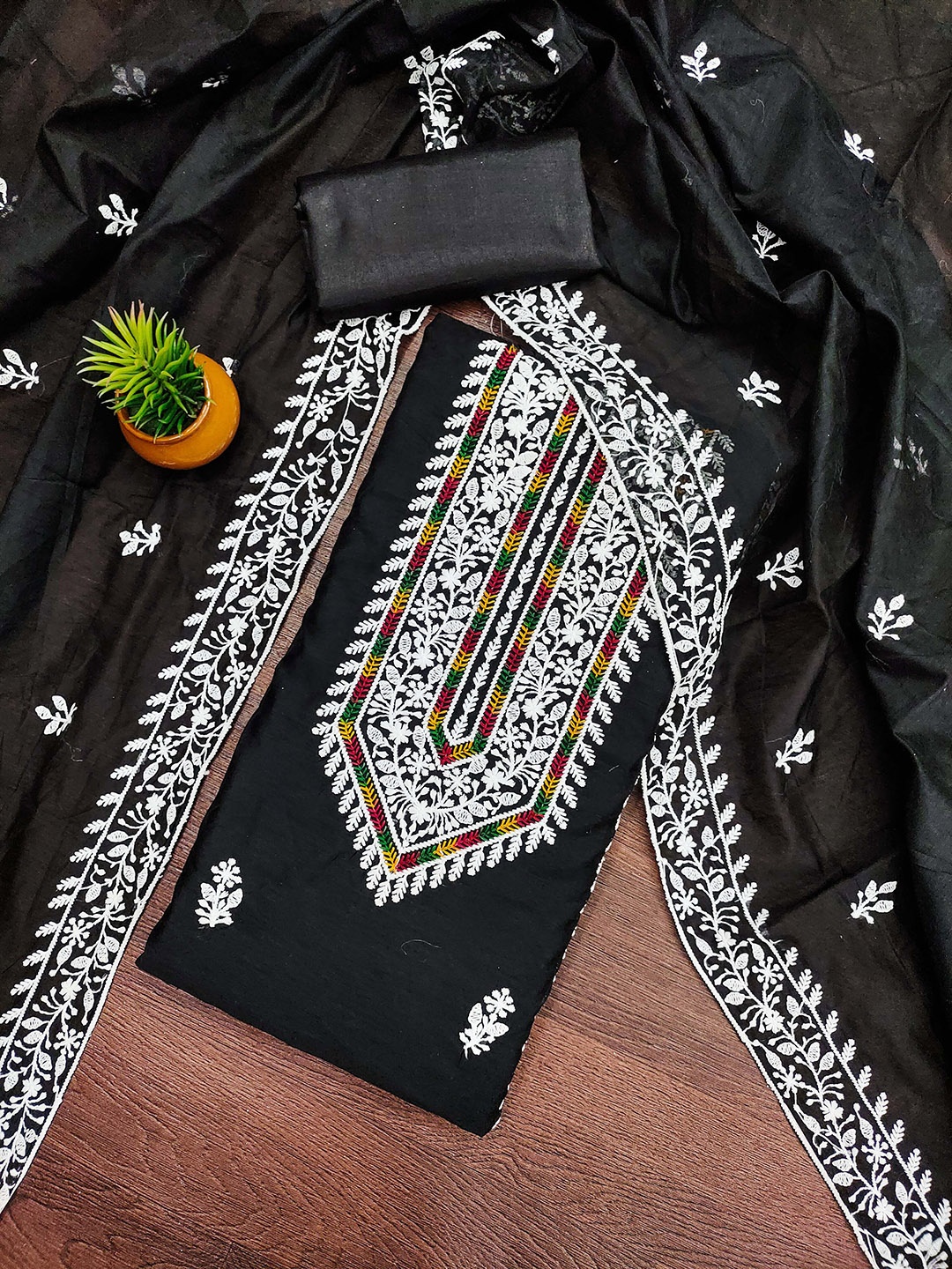 

MANVAA Floral Embroidered Unstitched Dress Material, Black