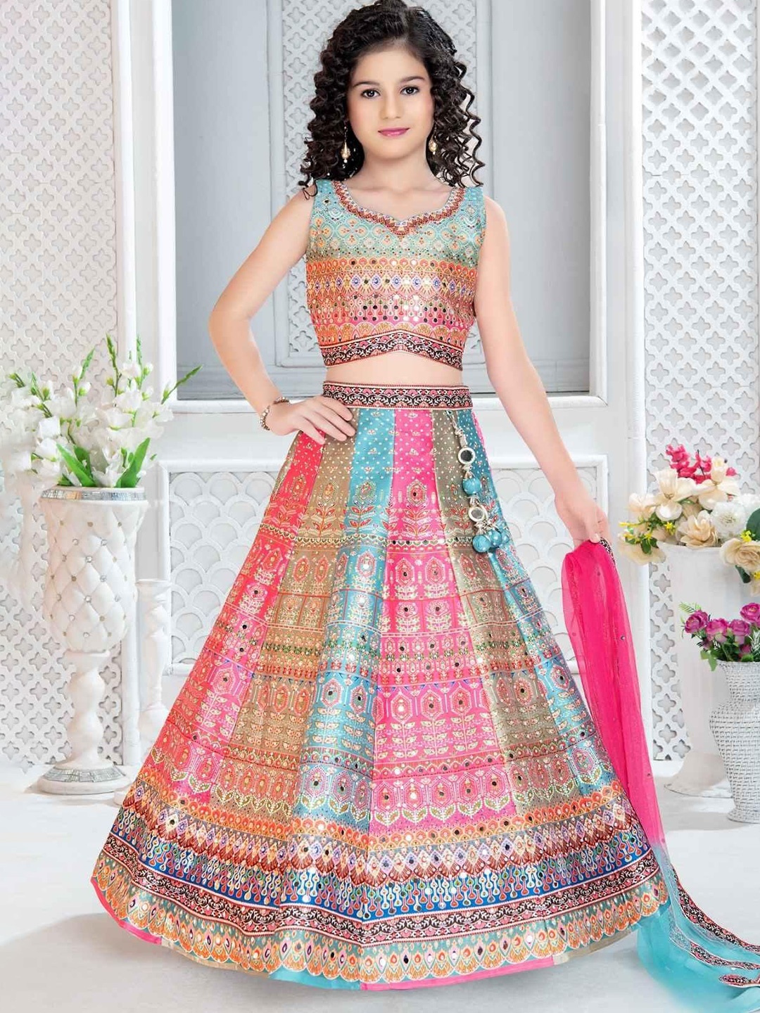 

BAESD Girls Ethnic Motifs Printed Sequinned Sweetheart Neck Lehenga & Blouse With Dupatta, Blue