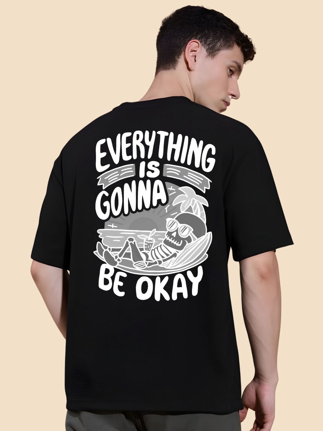 

SZN Men Typography Printed Round Neck Cotton Oversized T-shirt, Black