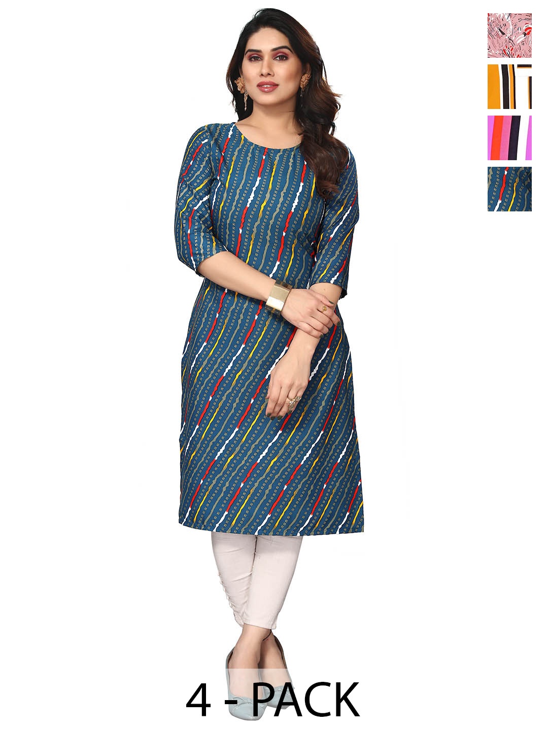 

KETAKI FASHION Selection Of 4 Striped Straight Kurtas, Green