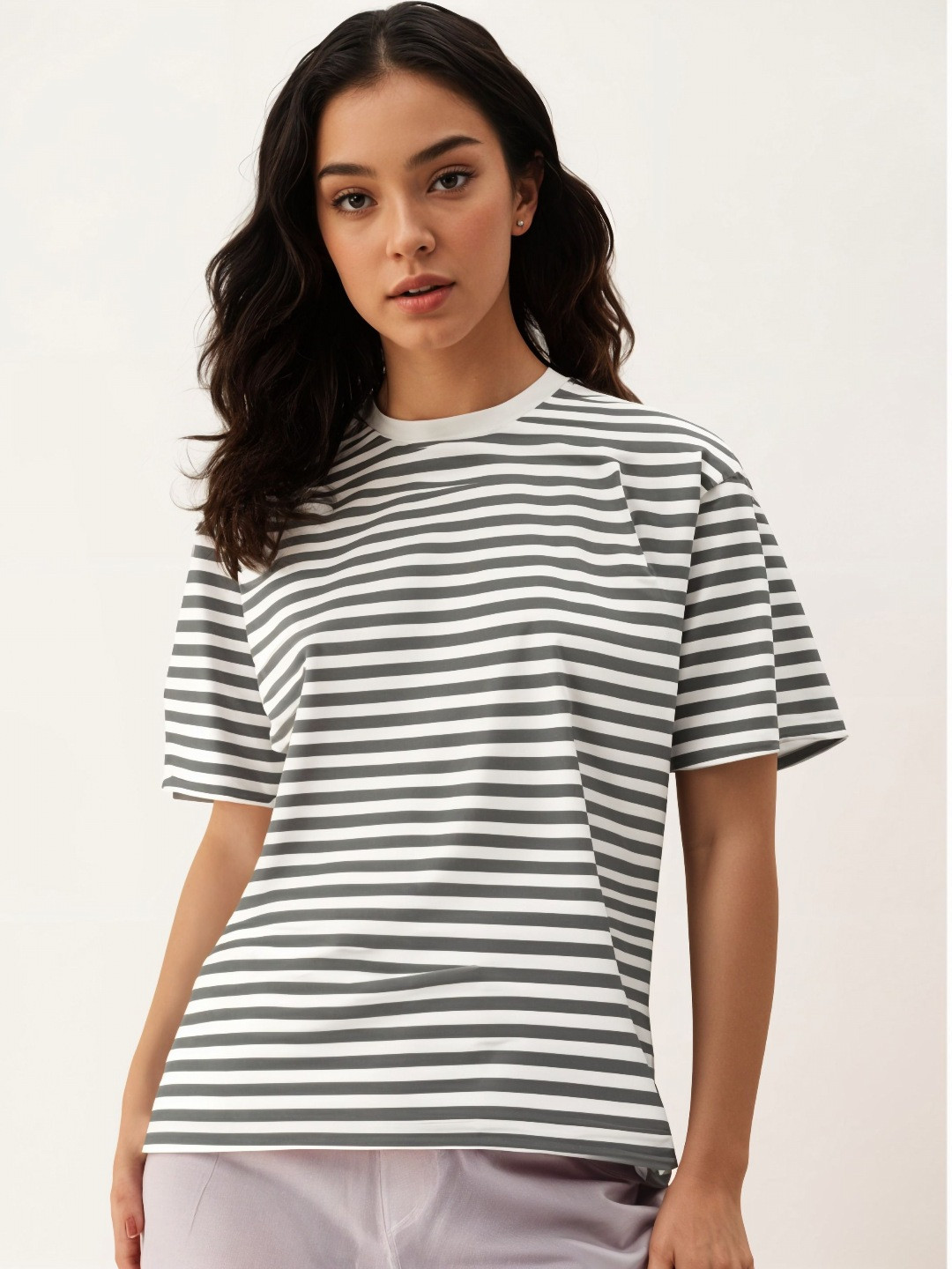 

MACK JONNEY Women Striped Round Neck Cotton Oversized T-shirt, Grey