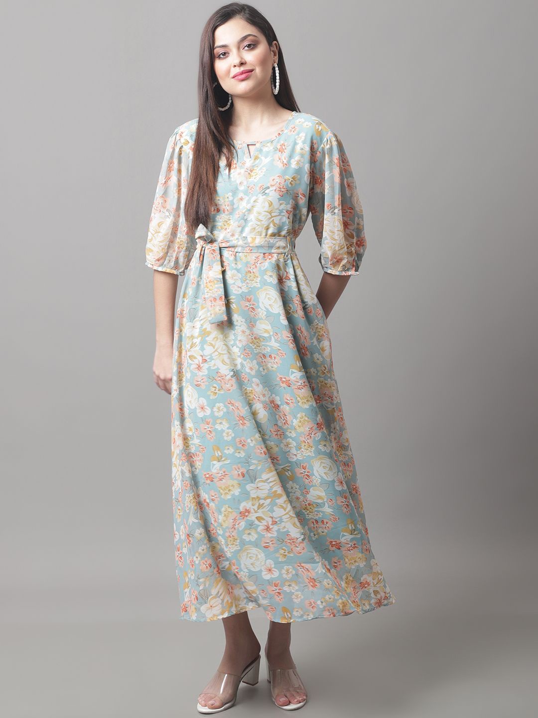 

Metronaut Floral Print Puff Sleeve Belted Georgette Fit & Flare Midi Dress, Teal