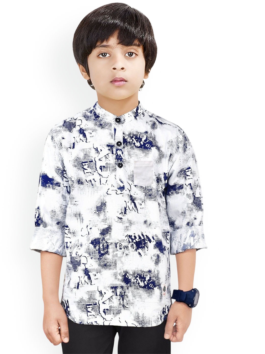 

MADE IN THE SHADE Boys Abstract Printed Band Collar Cotton Straight Kurta, White