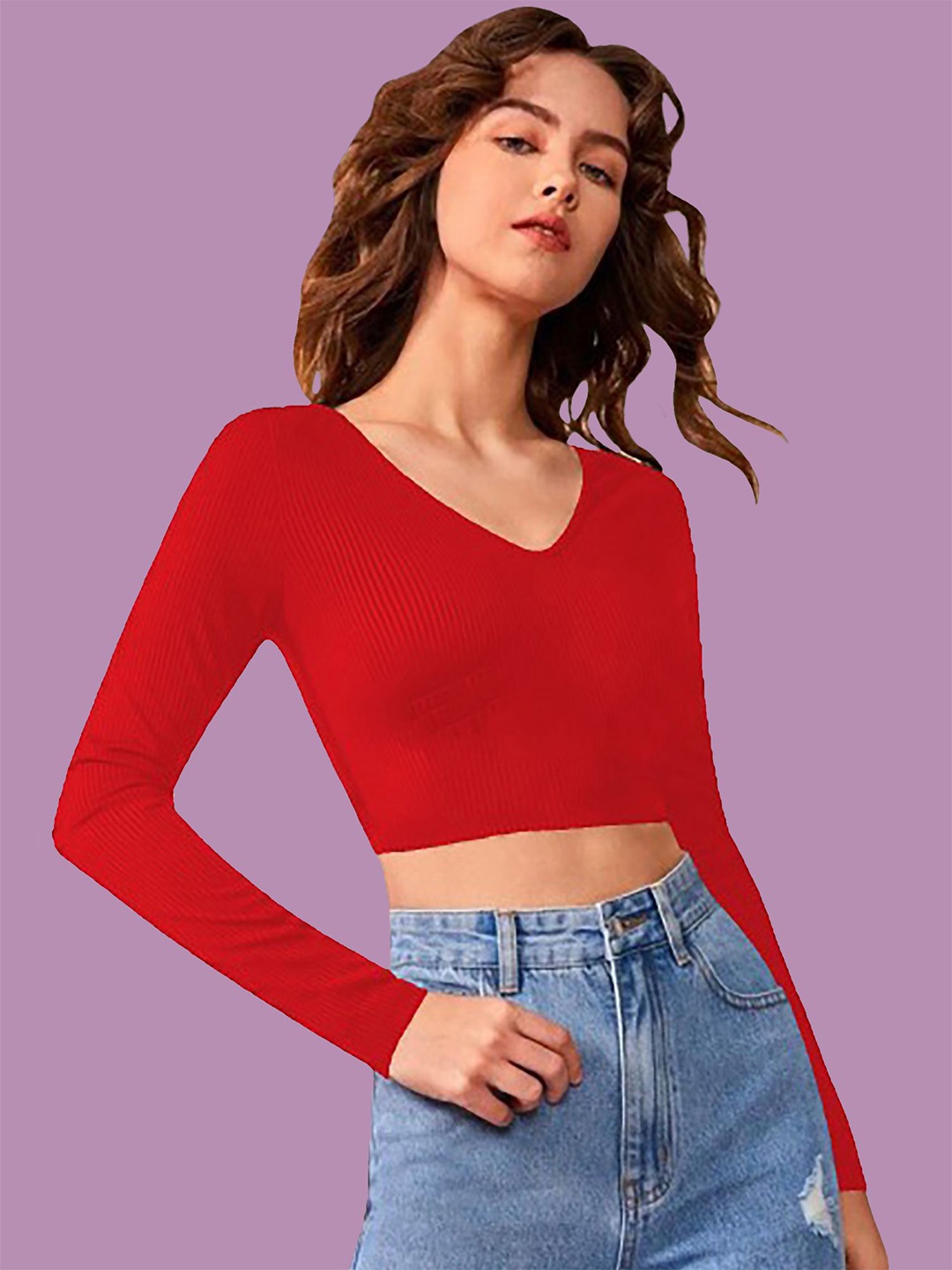 

Dream Beauty Fashion Solid V-Neck Crop Top, Red