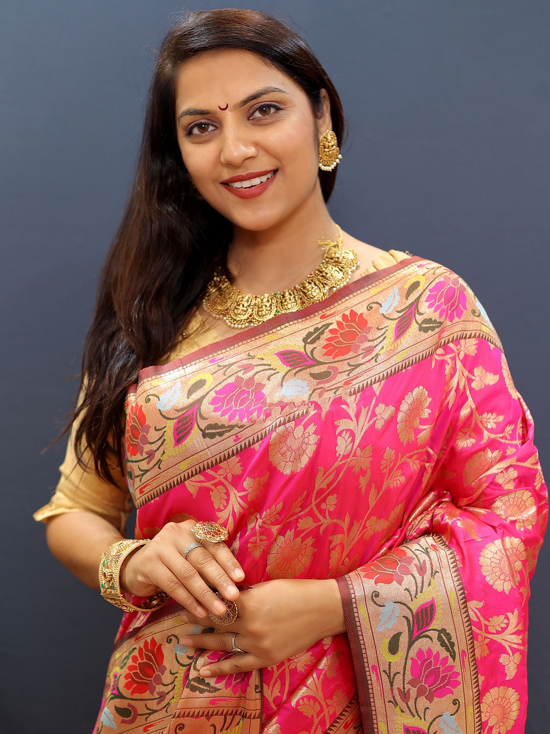 

Kandora Woven Design Zari Pure Silk Banarasi Saree, Pink