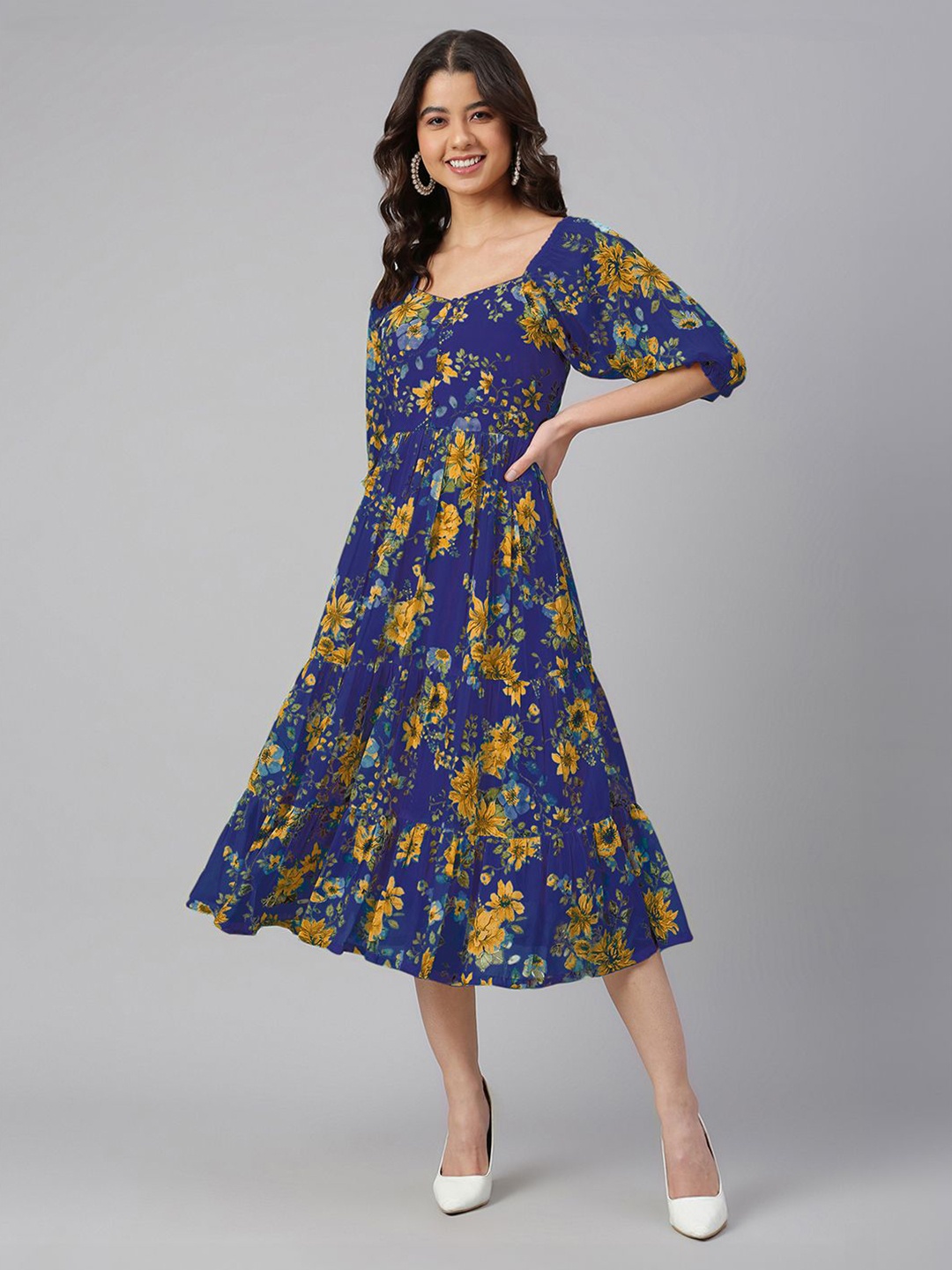 

Janasya Women's Blue Georgette Floral Printed Tiered Dress