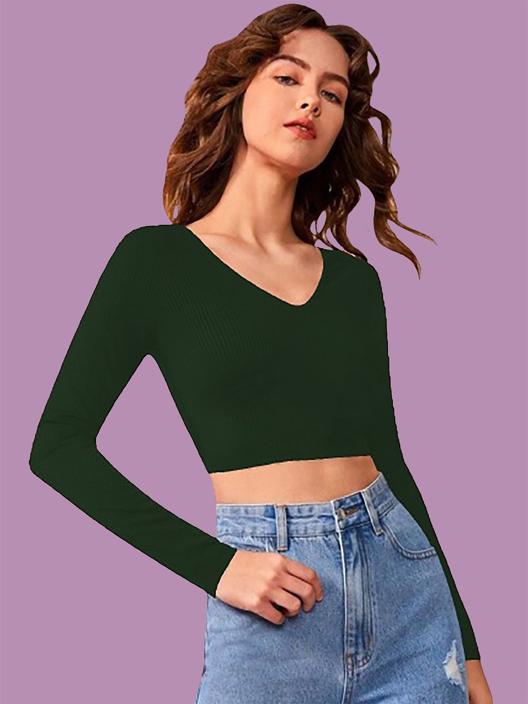 

Dream Beauty Fashion Solid V-Neck Crop Top, Green