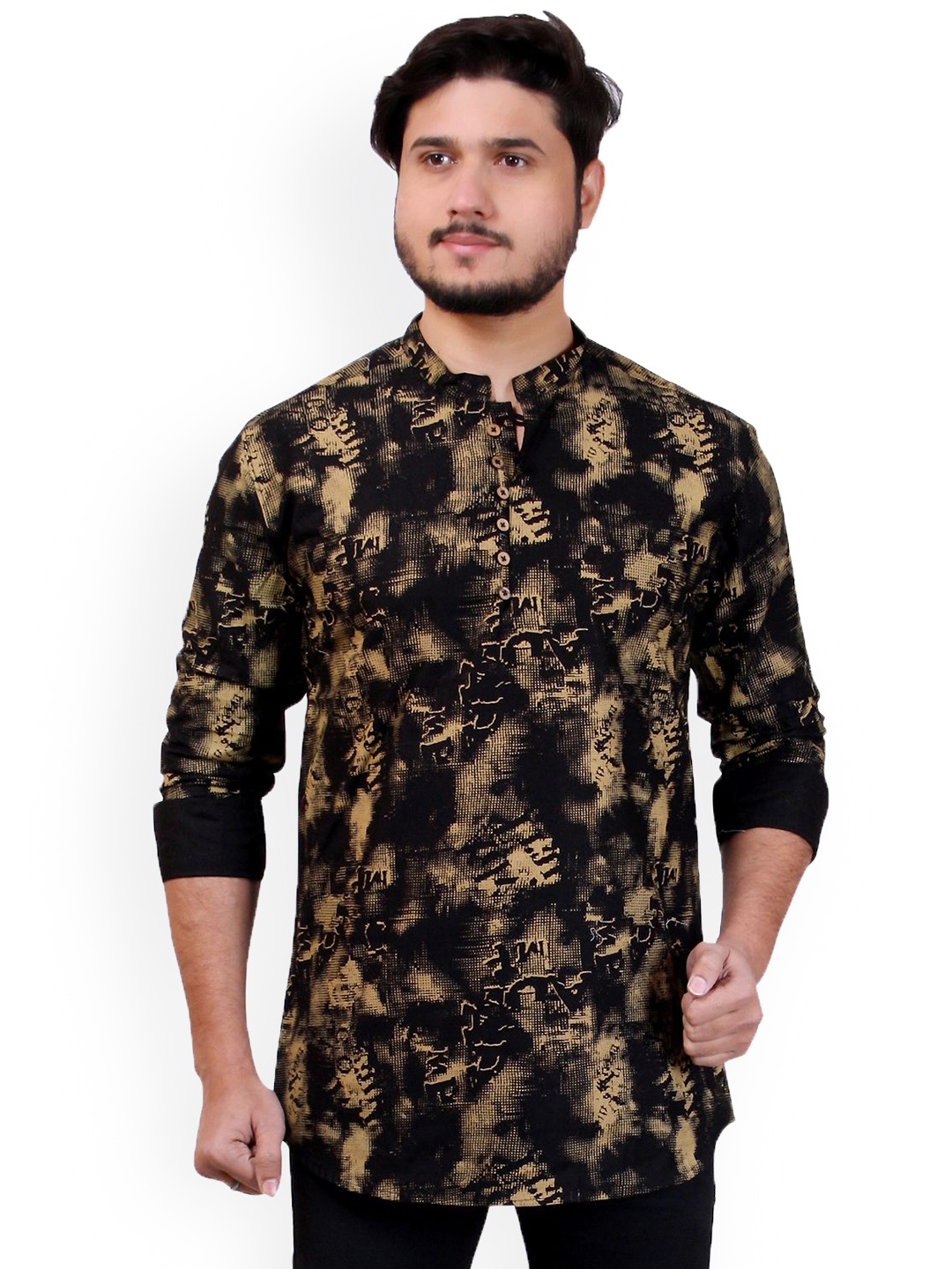 

MADE IN THE SHADE Abstract Printed Mandarin Collar Pure Cotton Straight Kurta, Black