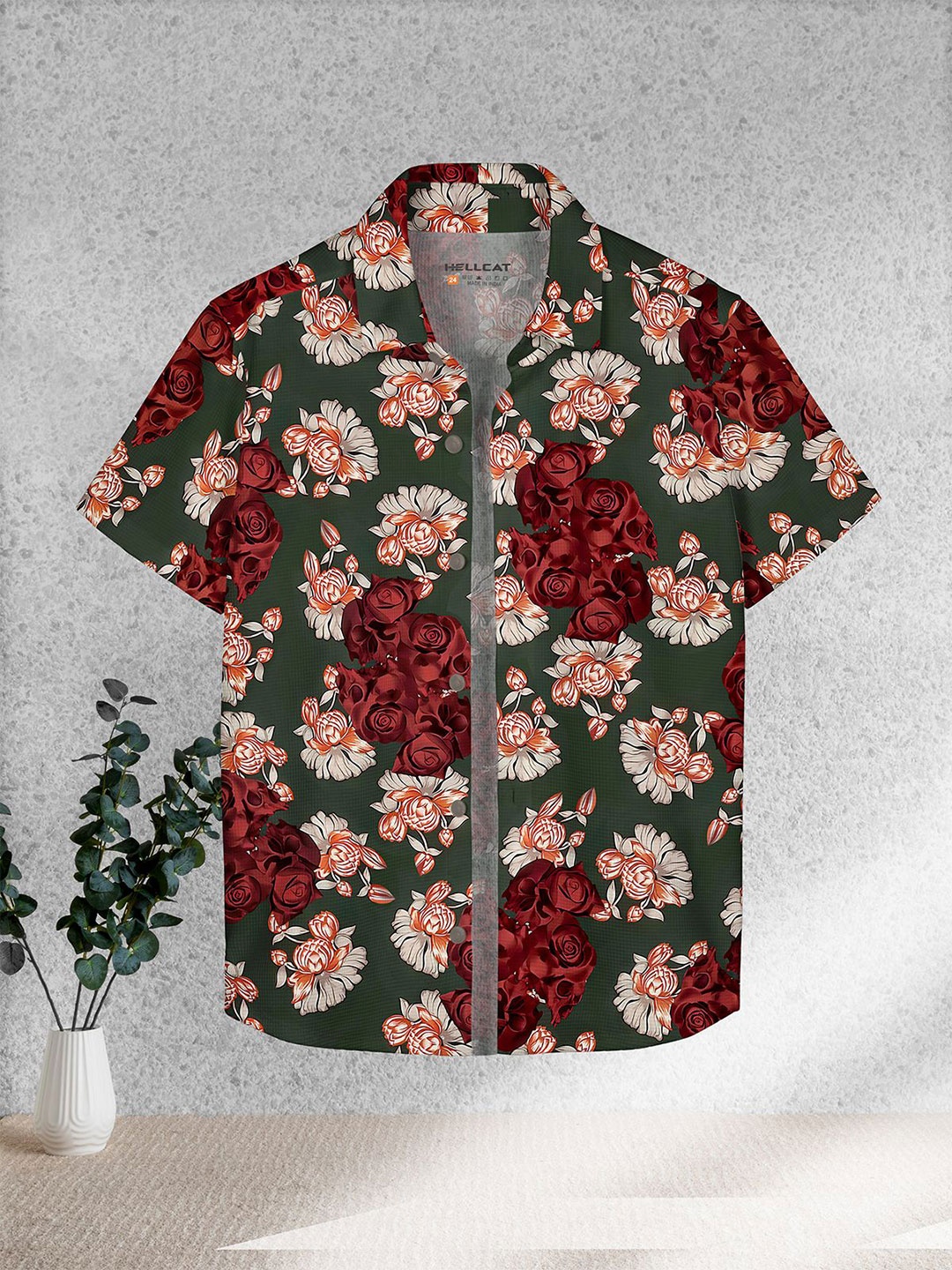 

HELLCAT Boys Spread Collar Floral Printed Cotton Casual Shirt, Green
