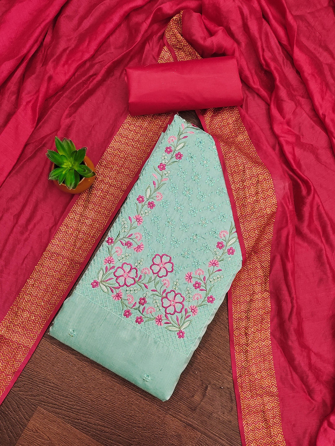 

MANVAA Floral Sequinned Embroidered Unstitched Dress Material, Sea green
