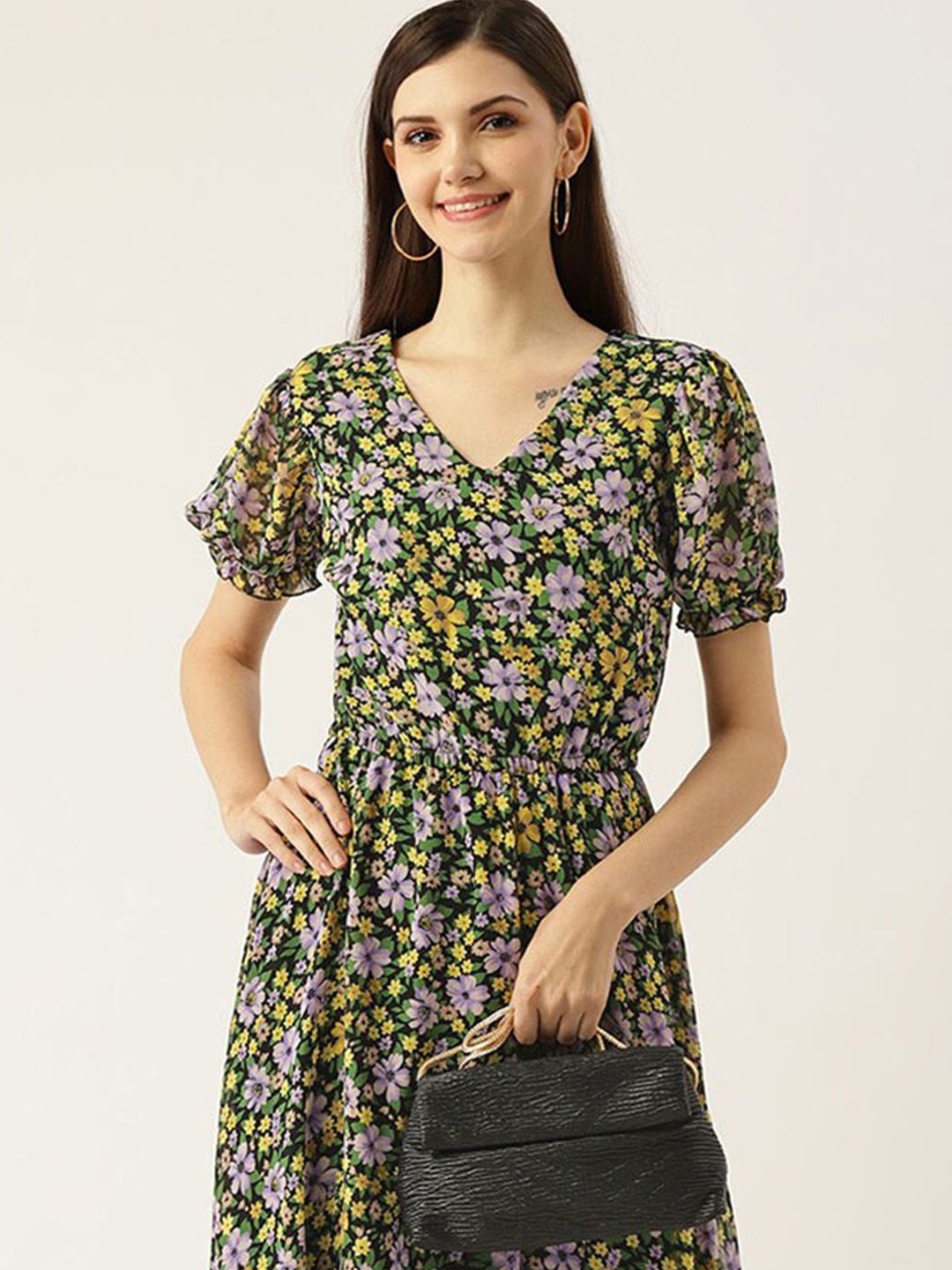 

DressBerry Women Floral Printed V-Neck Puff Sleeves Maxi A-Line Dress, Multi
