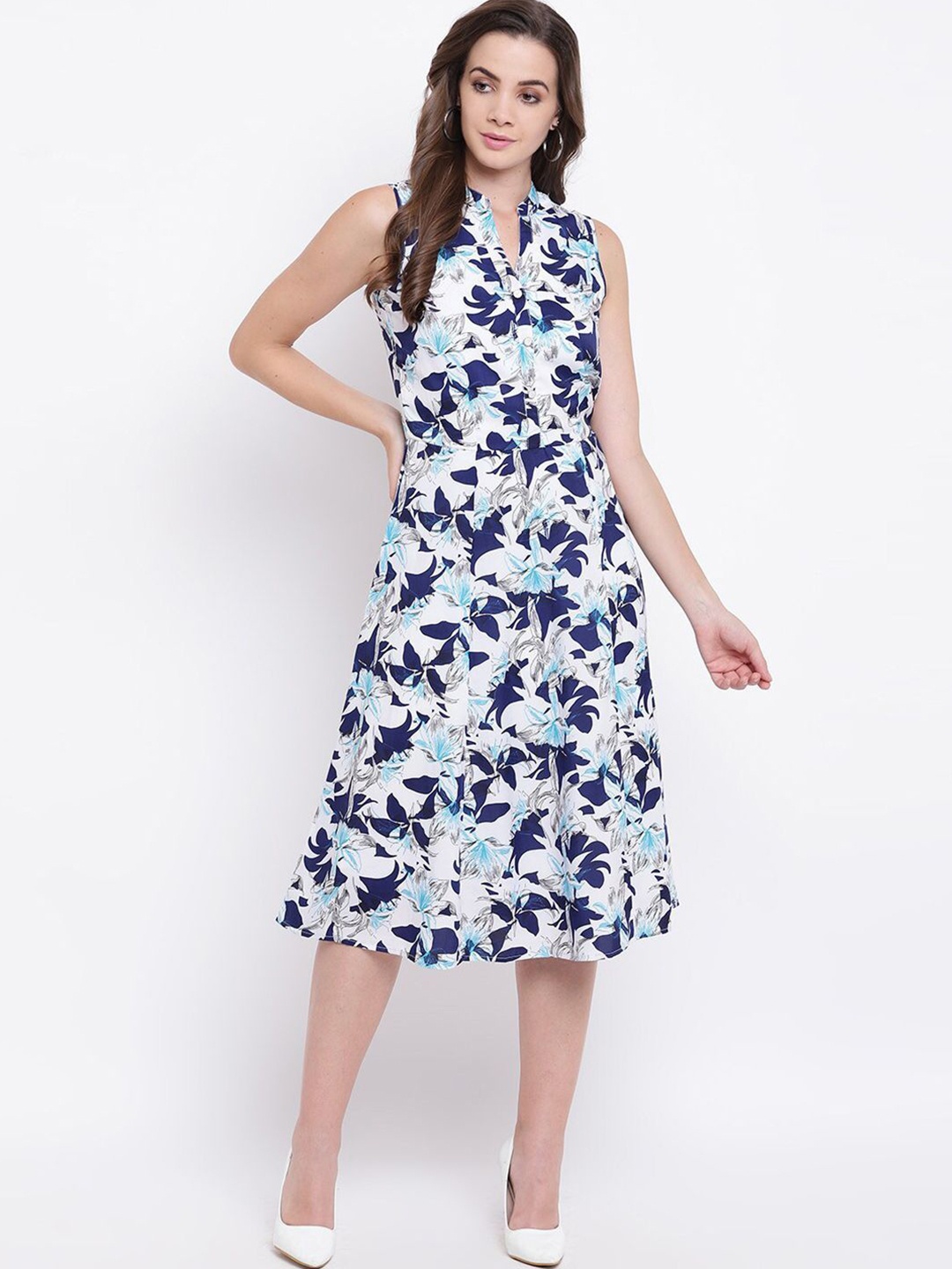

DressBerry Floral Print Mandarin Collar A-Line Midi Dress, White