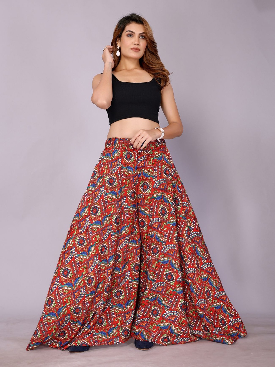 

vj fashion Women Ethnic Motifs Printed Flared Palazzos, Red