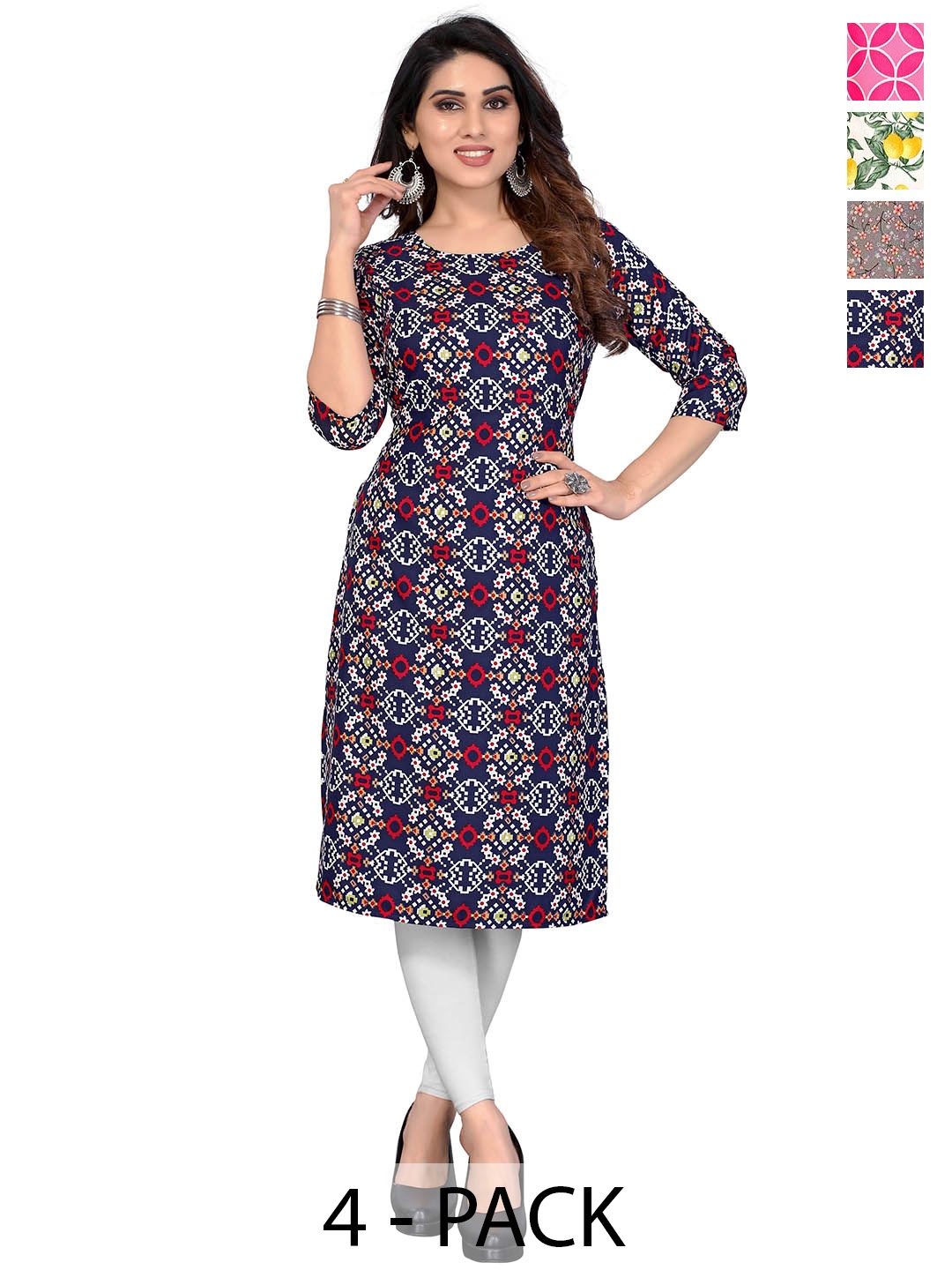 

KETAKI FASHION Selection Of 4 Floral Printed Round Neck Straight Kurtas, Brown