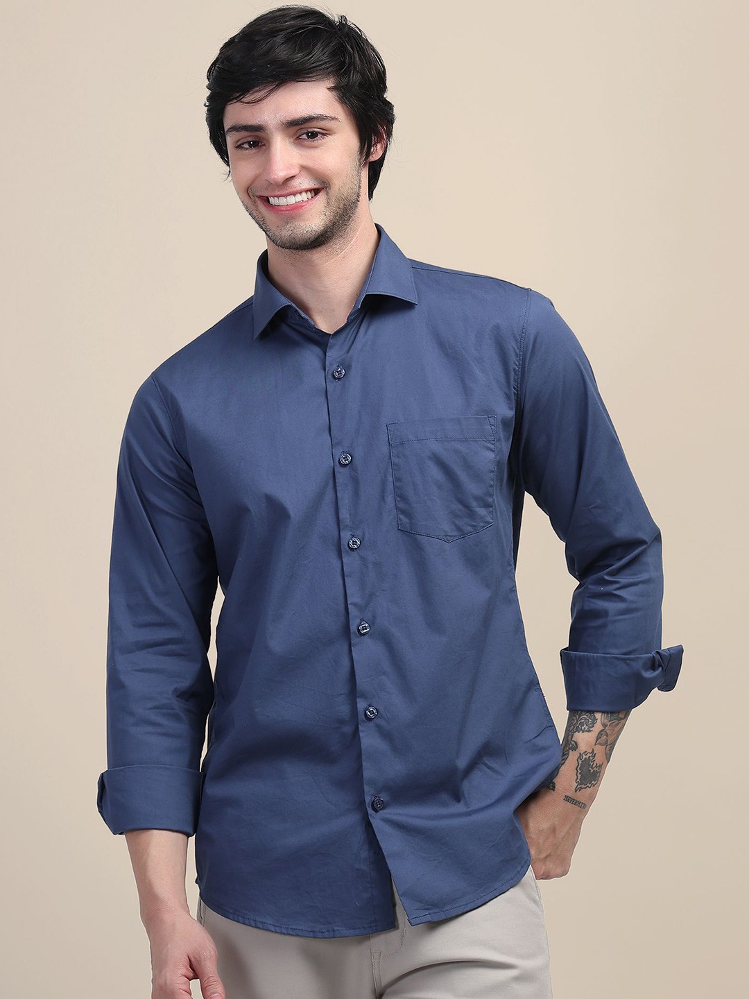 

AMSWAN Men Spread Collar Solid Cotton Casual Shirt, Navy blue
