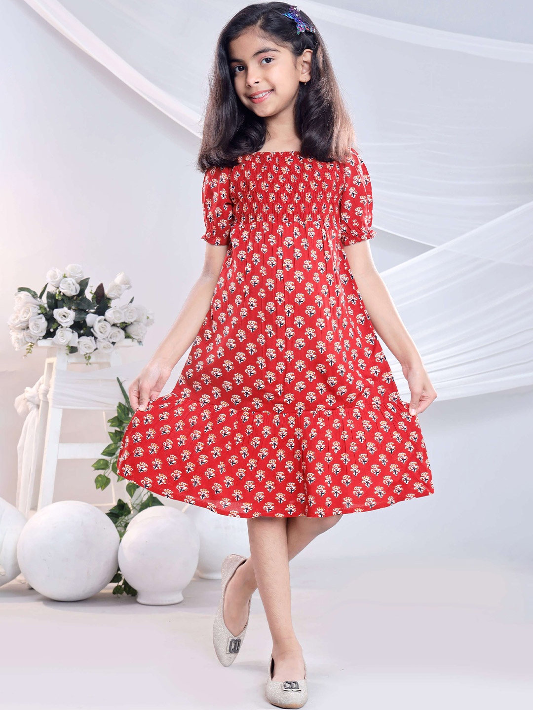 

BAESD Girls Floral Printed Puff Sleeve Pure Cotton Smocked Fit & Flare Dress, Red
