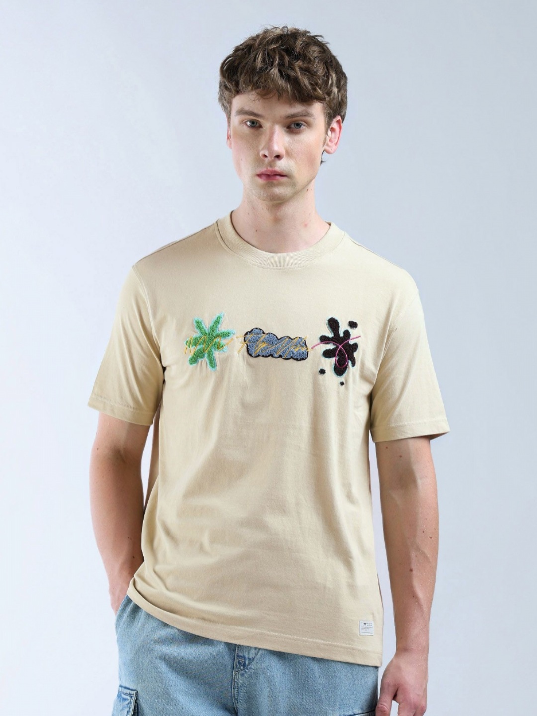 

Flying Machine Men Floral Printed Round Neck Cotton Relaxed Fit T-shirt, Beige